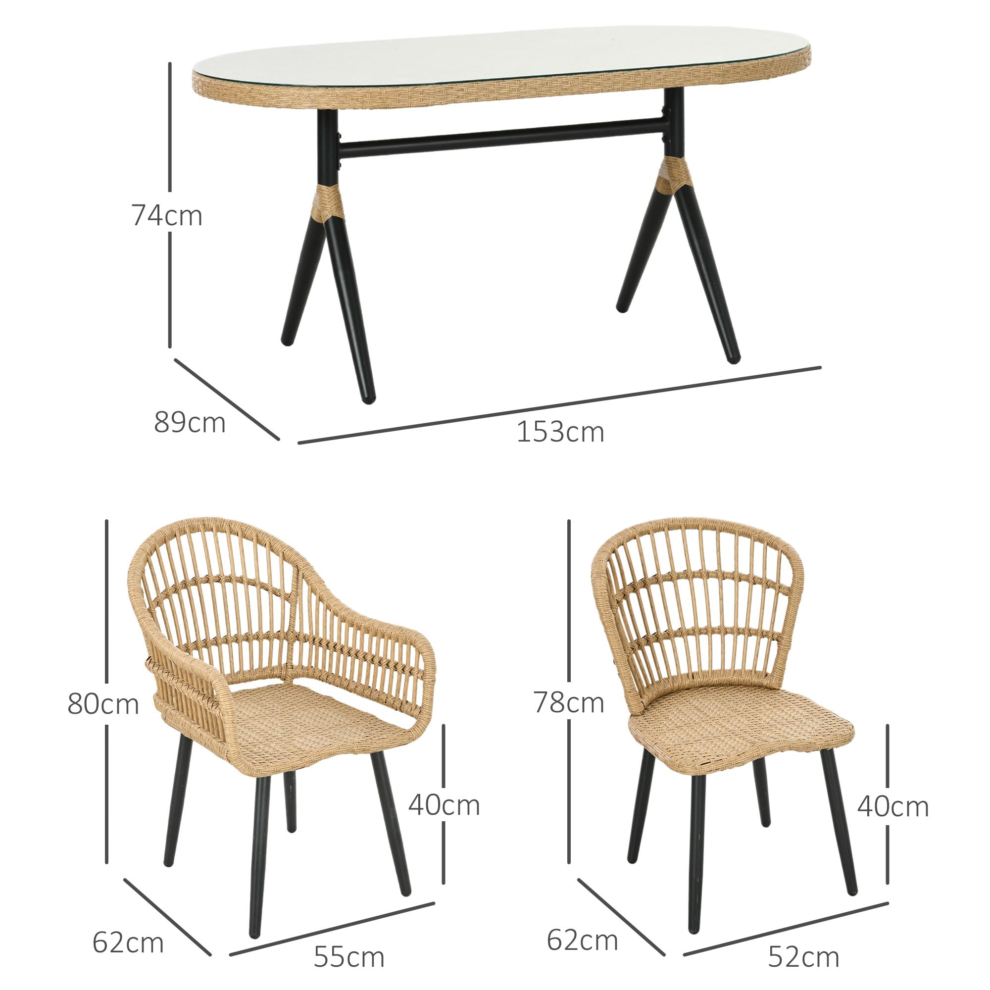 Outsunny Salon de Jardin extérieur en résine tressée 6 Places Ensemble de Salle à Manger - 1 Table rectangulaire et 6 chaises avec Coussins - Plateau en Verre trempé, Cadre en Acier, Bois Naturel