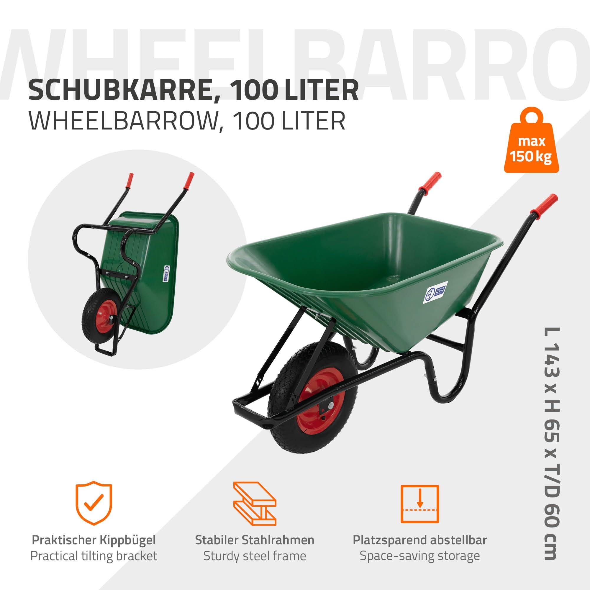 ECD Germany Carriola da Giardino con Telaio in Metallo e Vasca in Polipropilene Verde Capacità 100 L 150 kg per Trasporto con Ruota in Gomma Pneumatico Diametro 40 cm 16" Manici Lunghi