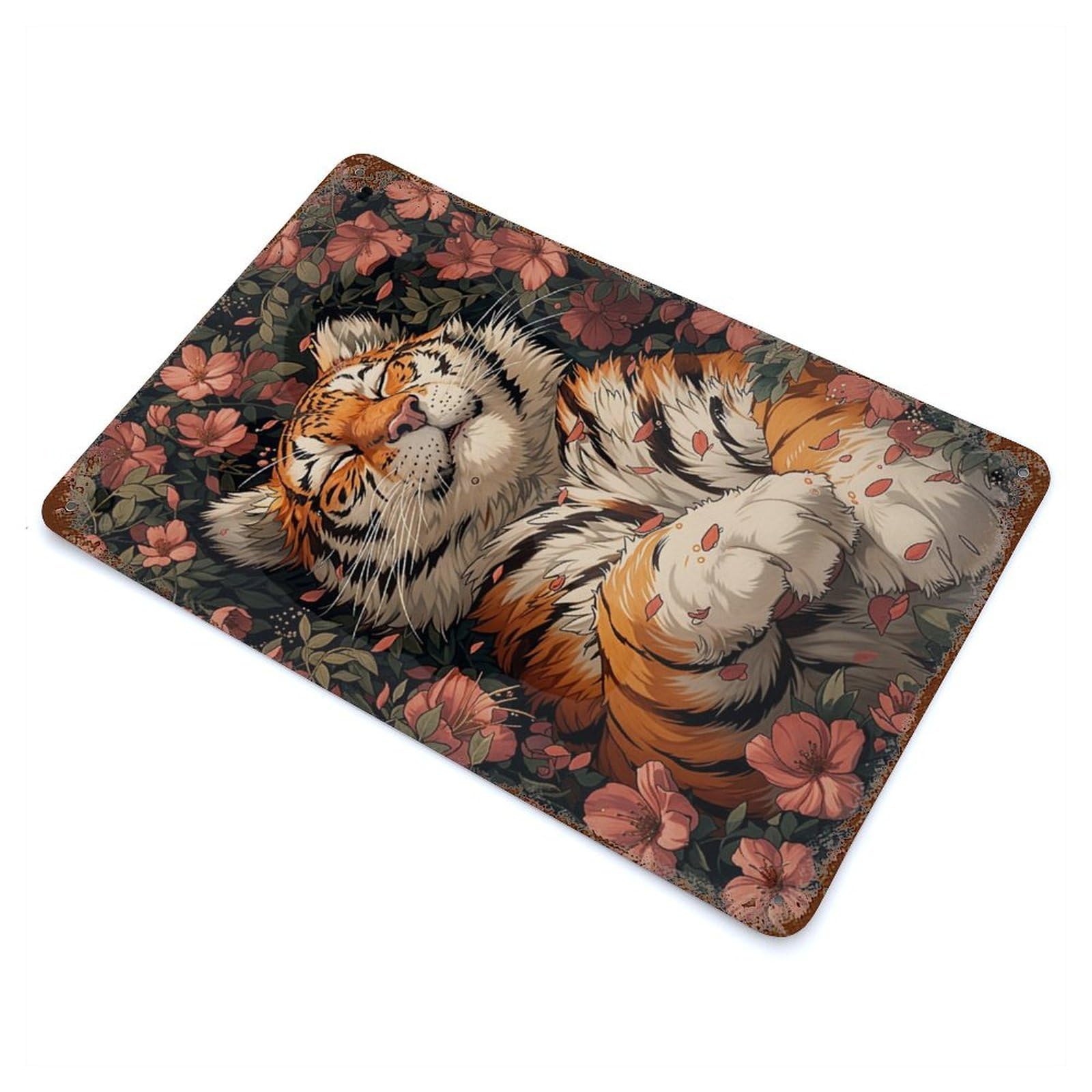 Cute Tiger Sleeping Sakura Distressed Metal Wall Sign 11.8"x7.9", Industrial Home Decor for Garage, Pub Or Kitchen
