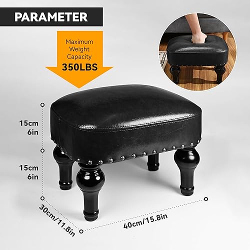 Miniatura 2 de Reposapiés de cuero, otomana de madera, taburete rústico otomano, reposapiés de madera, reposapiés rectangular pequeño otomano para dormitorio, sala