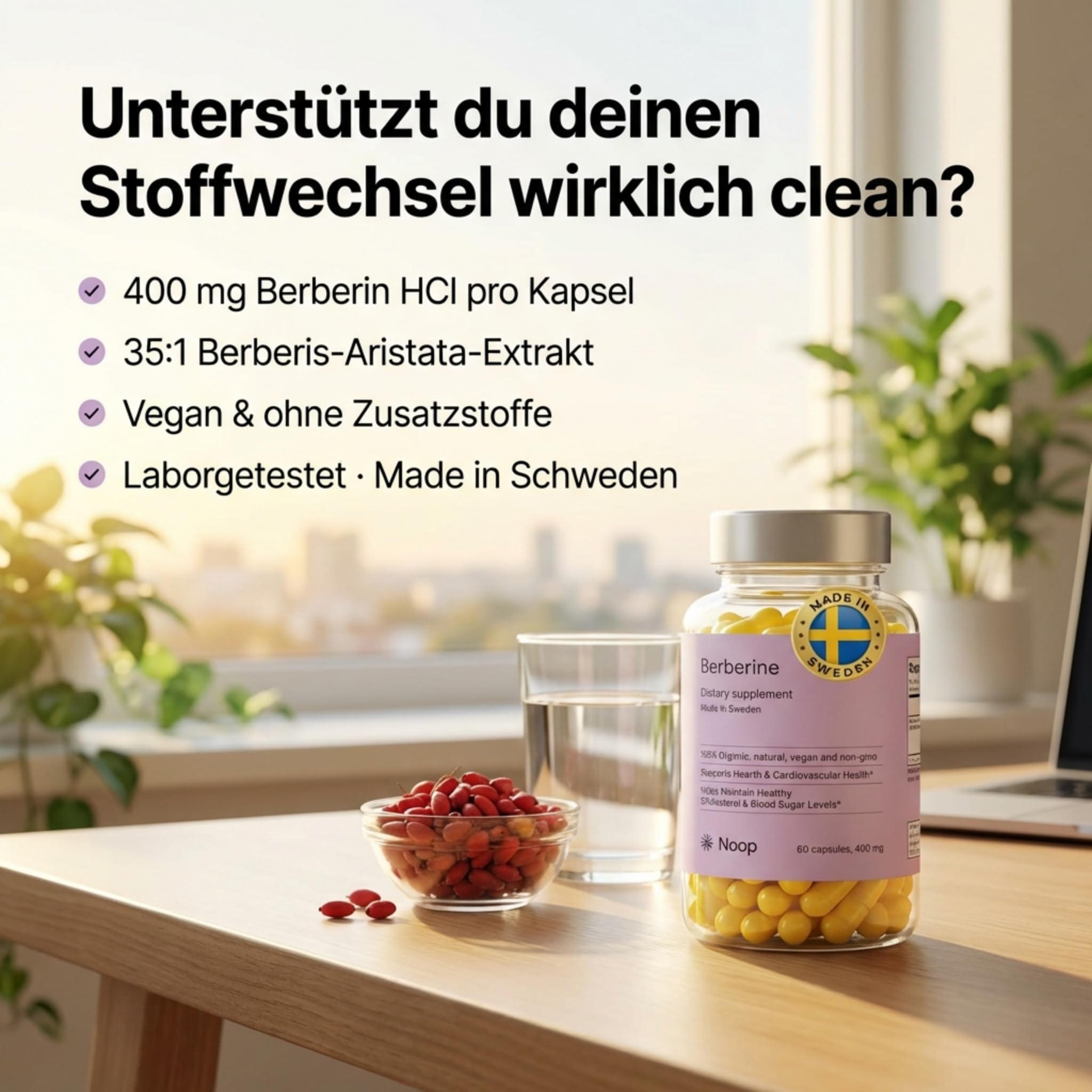 NOOP Berberin HCl Kapseln hochdosiert – 35:1 Extrakt aus Berberis Aristata Wurzel, natürliche Unterstützung für Herz und Kreislauf – vegan & laborgetestet, Made in Schweden, 400 mg und 60 Kapseln