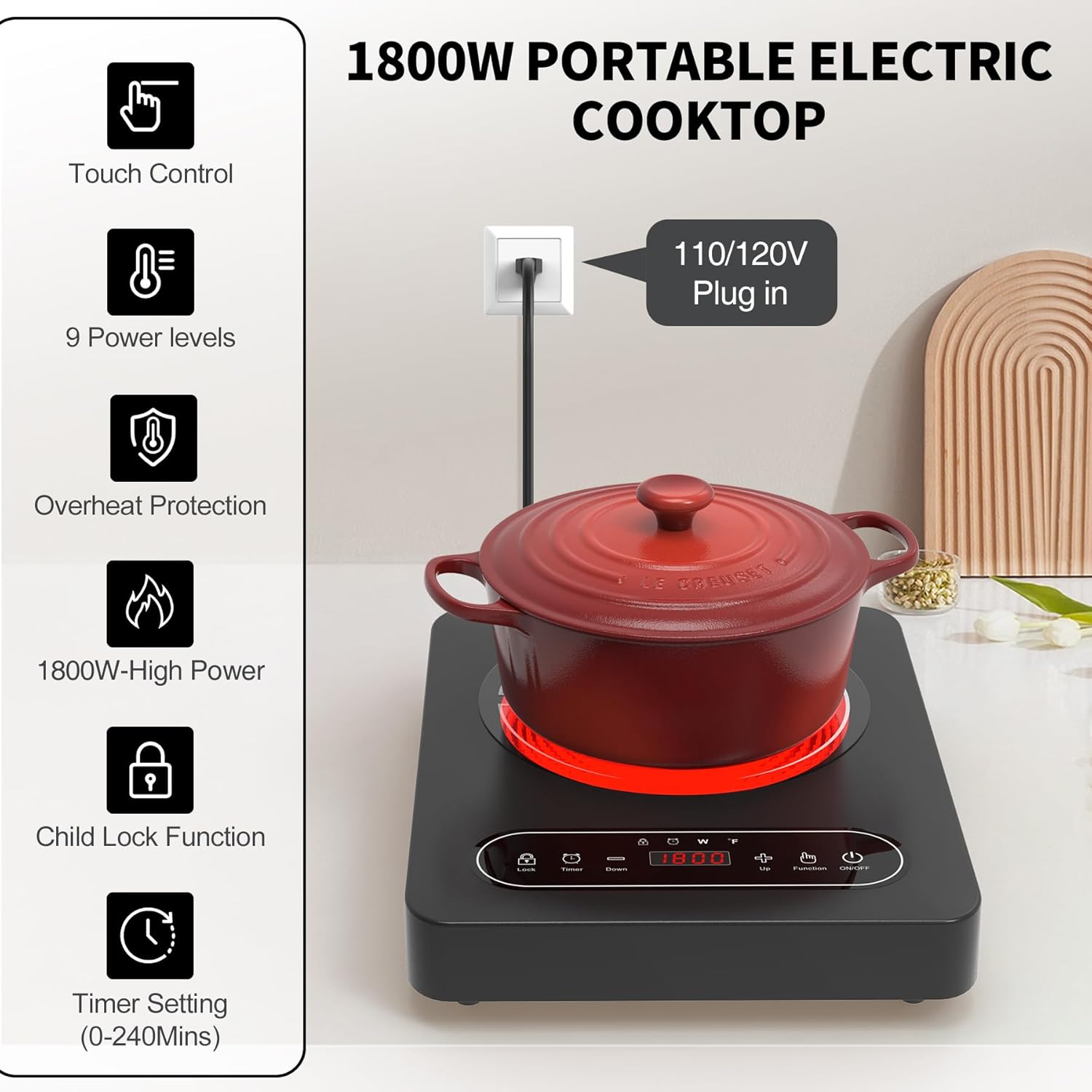 Single Burner Electric Cooktop,110V 1800W Electric Stove Top with LED Touch Control,10 Power Levels, 4 hTimer, Safety Lock,single electric burner Overheat protection