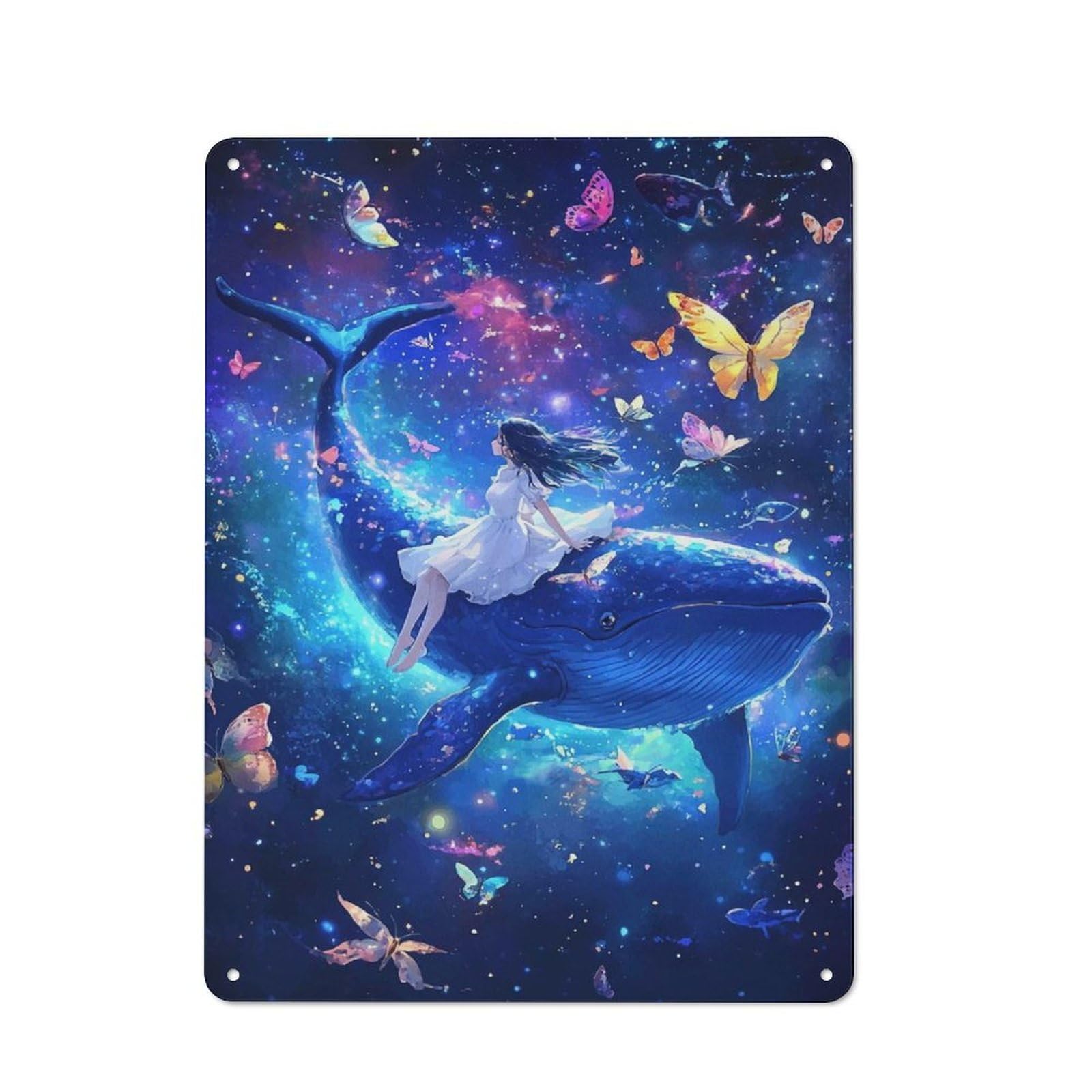 Girl on Whale with Butterflies Decorative Metal Sign 40x30cm, Understated Studio Wall Plaque for Hobby Room, Office, Lounge Or Living Room