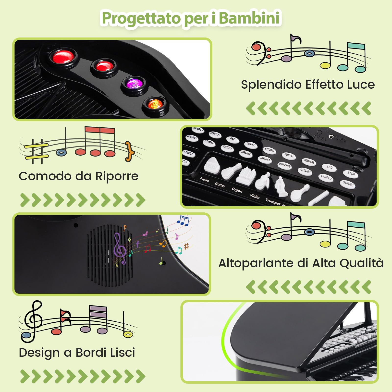 COSTWAY Pianoforte per Bambini a 37 Tasti, Set Pianoforte con Microfono Regolabile, Giocattolo Musicale Bambini, con Funzione di Registrazione e Riproduzione, per Ragazzi 3+ Anni (Nero)