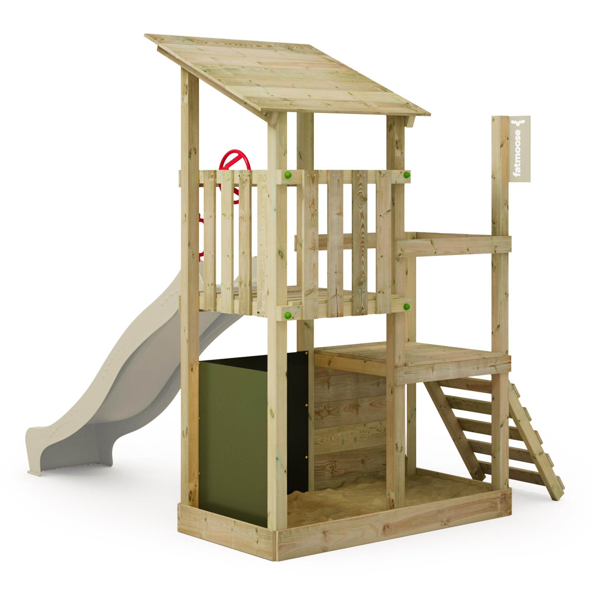 FATMOOSE Spielturm FruityForest Fun XXL, salbeigrüne Rutsche | Klettergerüst, Outdoor Kinder Kletterturm, mit Sandkasten, Leiter & Spiel-Zubehör, für den Garten