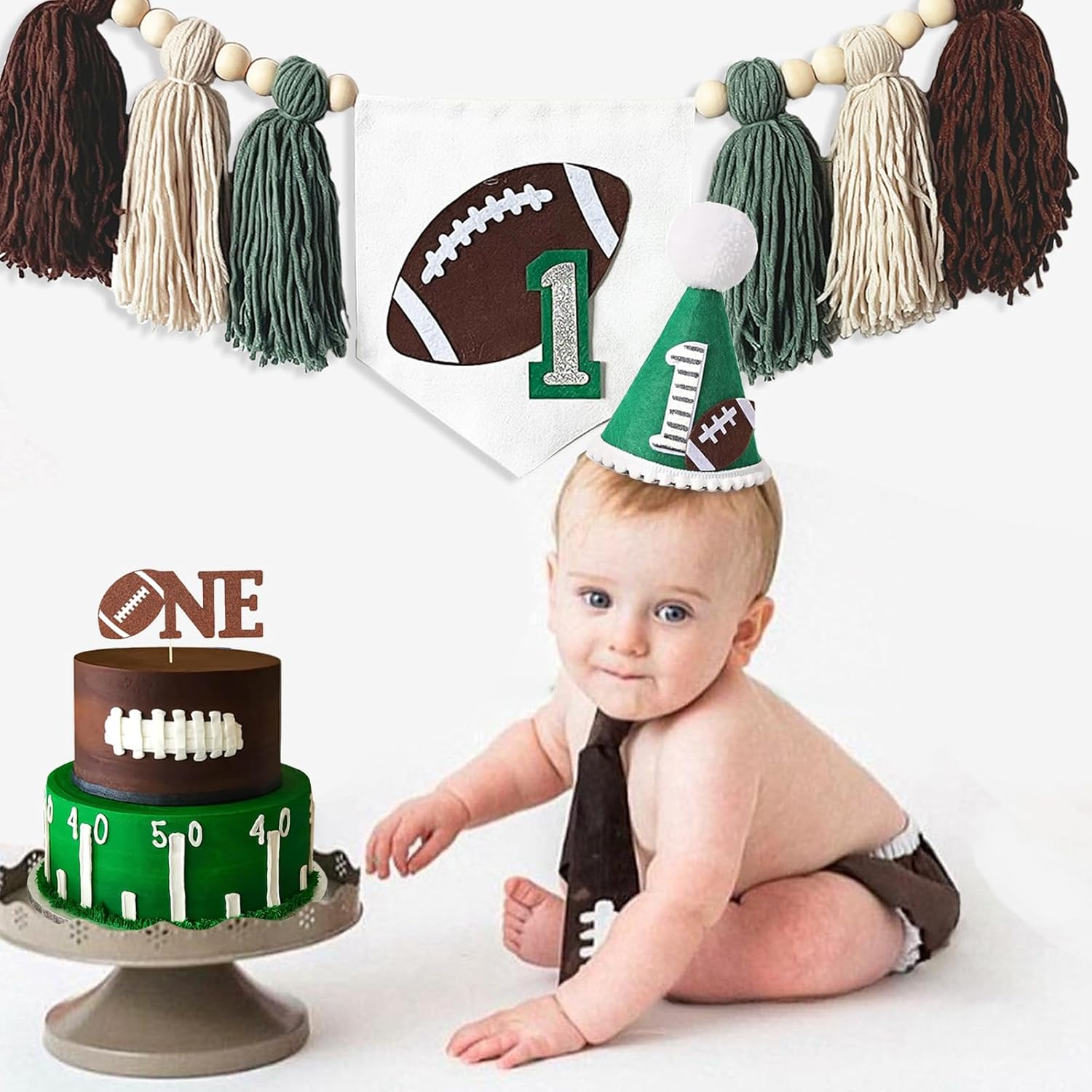 Football 1st Birthday High Chair Banner Decorations for Boy Girl 1st Birthday High Chair Banner One Cake Topper for Newborn to 12 Months First Party Decoration