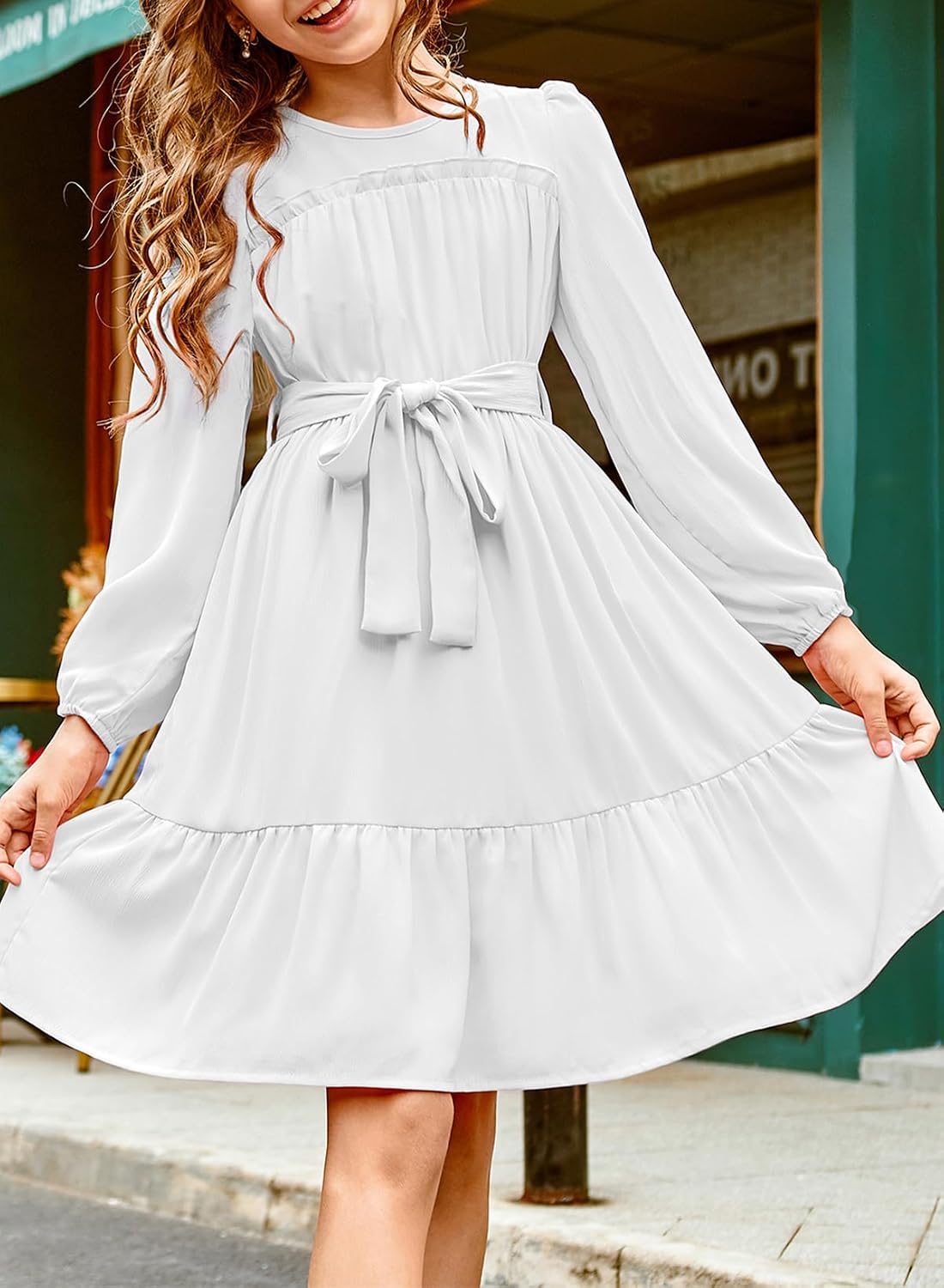 blibean Tween Girls Semi Formal Long Sleeve Dresses with Belt Size 6-15 Years