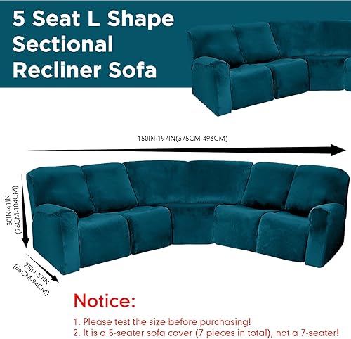 Miniatura 17 de Peryiter 7 fundas para sofá reclinable seccional en forma de L, fundas de sofá modular de 5 asientos, terciopelo de seda lechosa, funda elástica