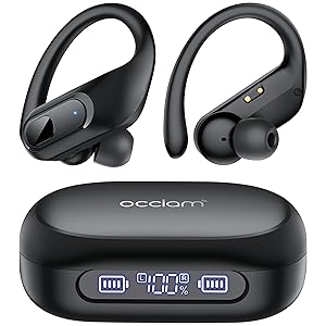 occiam Active Noise Cancelling Headphones Wireless Earbuds Bluetooth Ear Buds 96Hrs Playback HD Call Over-Ear Waterproof Earphones with Earhooks Microphones for Sport/Running/Workout Black