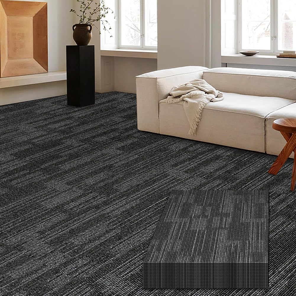 LITA Carpet Tiles Reusable 24" x 24" Squares Indoor/Outdoor 0.25" Pile Height Loop Pile, Non Slip Easy DIY Installation Peel and Stick Carpet Tile, Gray Polypropylene, (18 Tiles) (72 sqft/Box) 18 Pcs Dark Gray