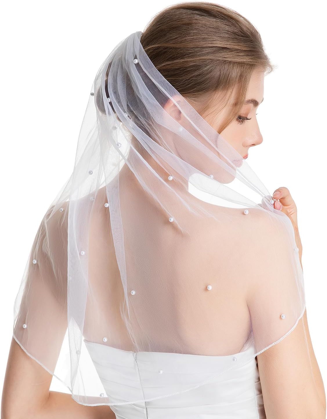 Short White Pearl Wedding Veil‌, Bride to Be Veil for Bridal Shower, Bridal Bachelorette Party Accessories for Women
