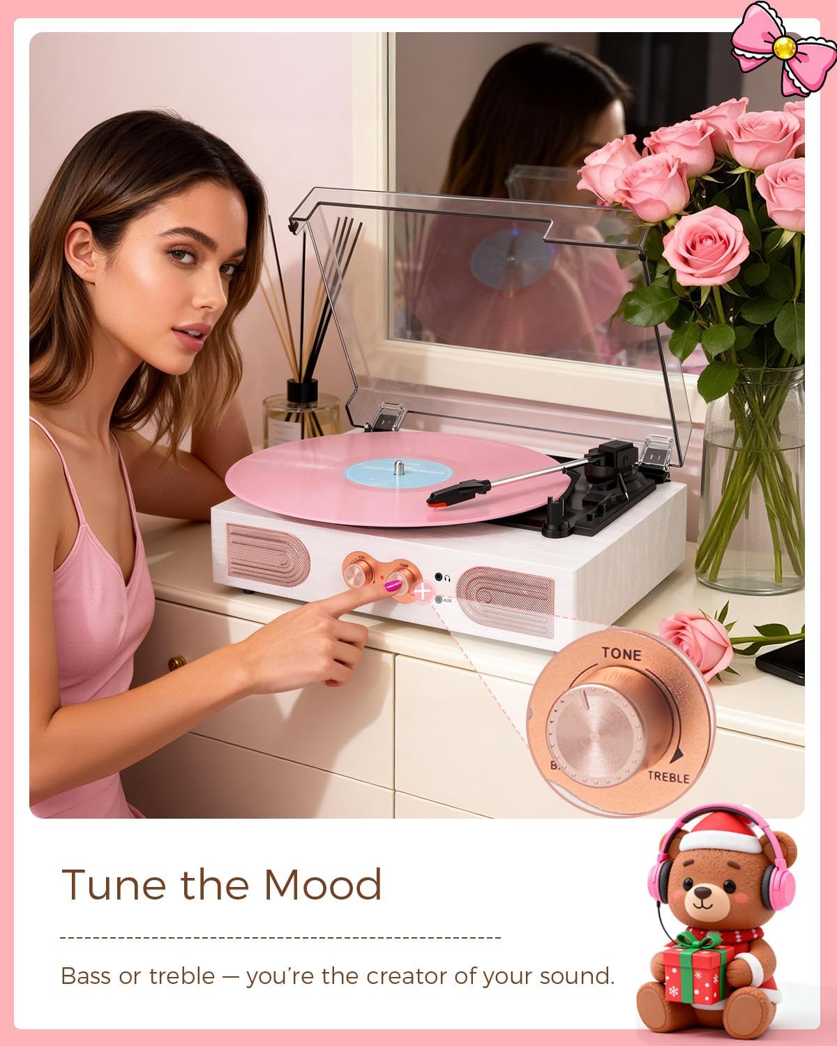 Vinyl Record Player, White & Rose Gold, Built-in Speakers, 3-Speed Belt-Drive Turntable for Beginners, Easy Setup, Vintage Style Record Player Gift