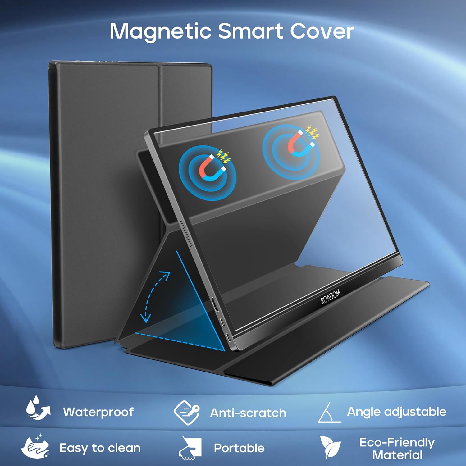 ROADOM Portable Monitor with its magnetic smart cover folded into a stand, showing how it provides protection and adjustable viewing angles.