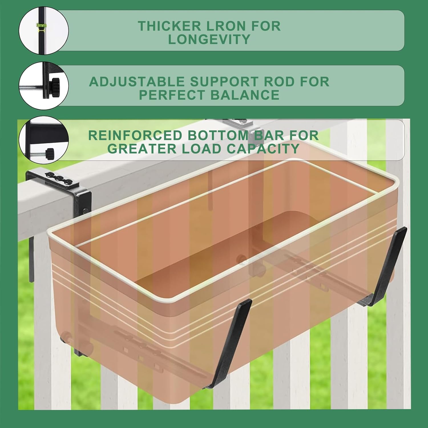 Planter Box Brackets, Planter Hooks for Deck Railing,Heavy Duty Iron Flower Box Brackets for Railings,with Enhanced Bottom Support - Perfect for Deck Railing (No Nails Adjustable Hanging, 4)