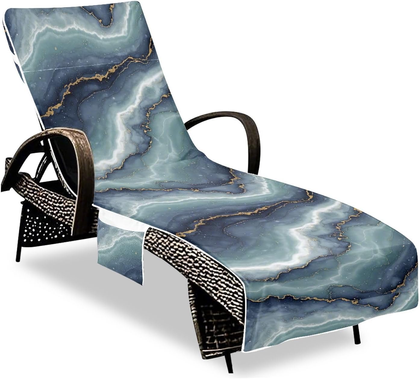 Marble Lounge Chair Towel Cover with Side Pockets – 85x30in Foldable Chaise Cover for Beach, Pool, Patio, Spa