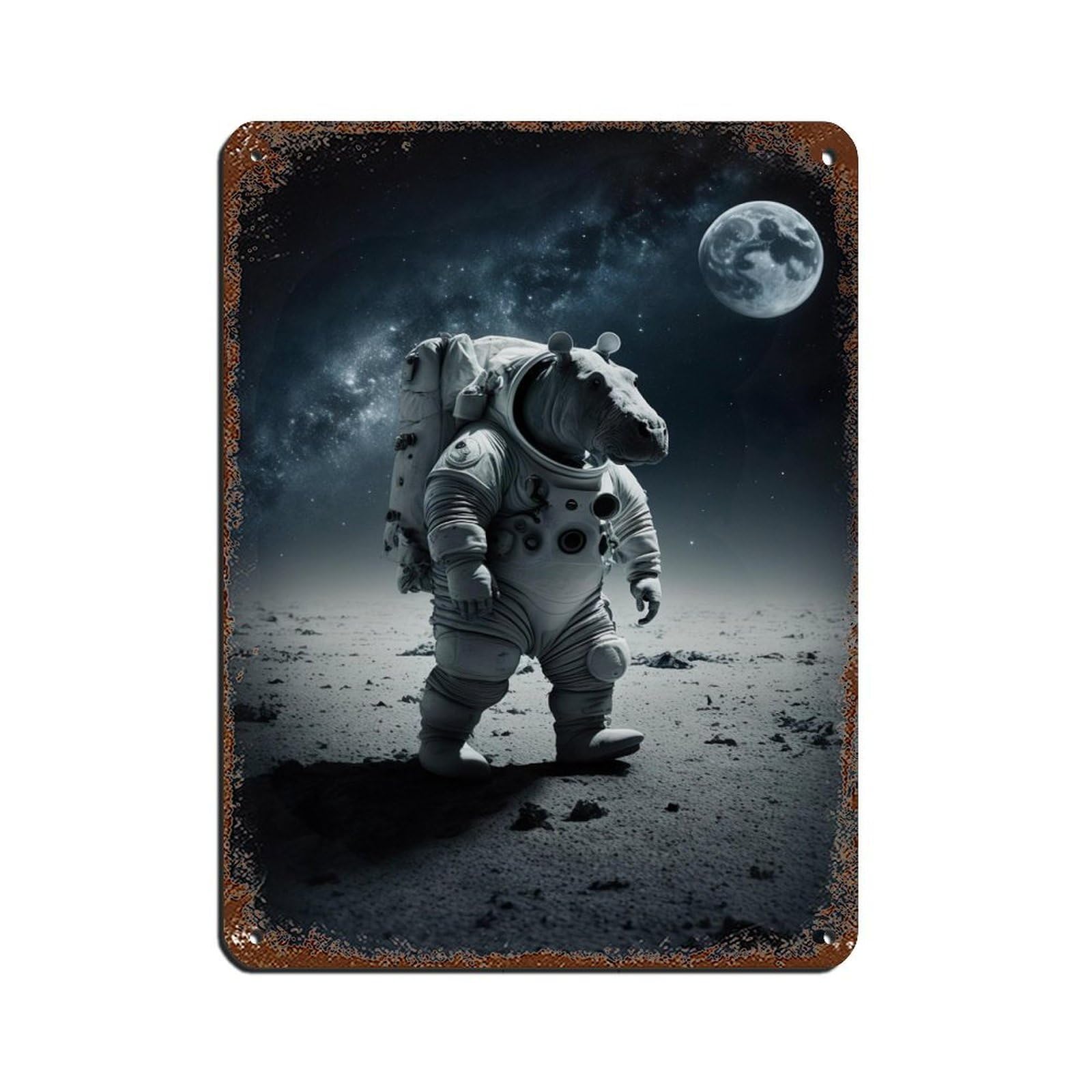 Astronaut Hippo, Futuristic Animal Tin Sign Vintage Metal Pub Club Cafe Bar Home Wall Art Decoration Poster Retro 12x16inch(30x40cm)