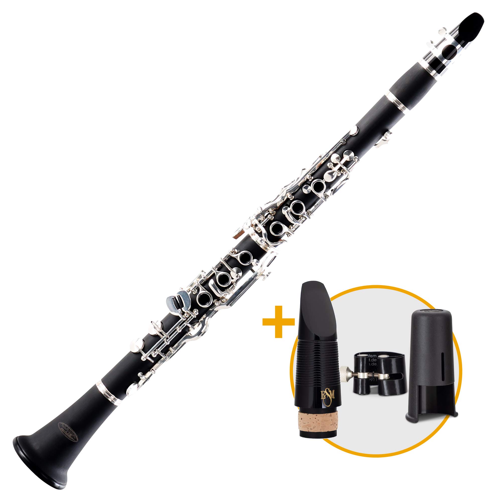 Classic Cantabile CLK-20 Kunststoff Klarinette ESM Set - deutsche Giffweise - 20 Klappen - 6 Ringe - Ebonit Korpus - inkl. Koffer und Putztuch - inkl. Mundstück, Blattschraube und Kapsel von ESM