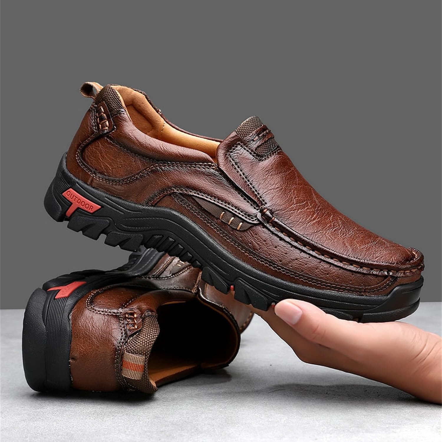 Mens Handmade Leather Slip On Casual Loafers for Men Retro Round Toe Non Slip Breathable Boat Shoes for Driving Walking Business Working Office