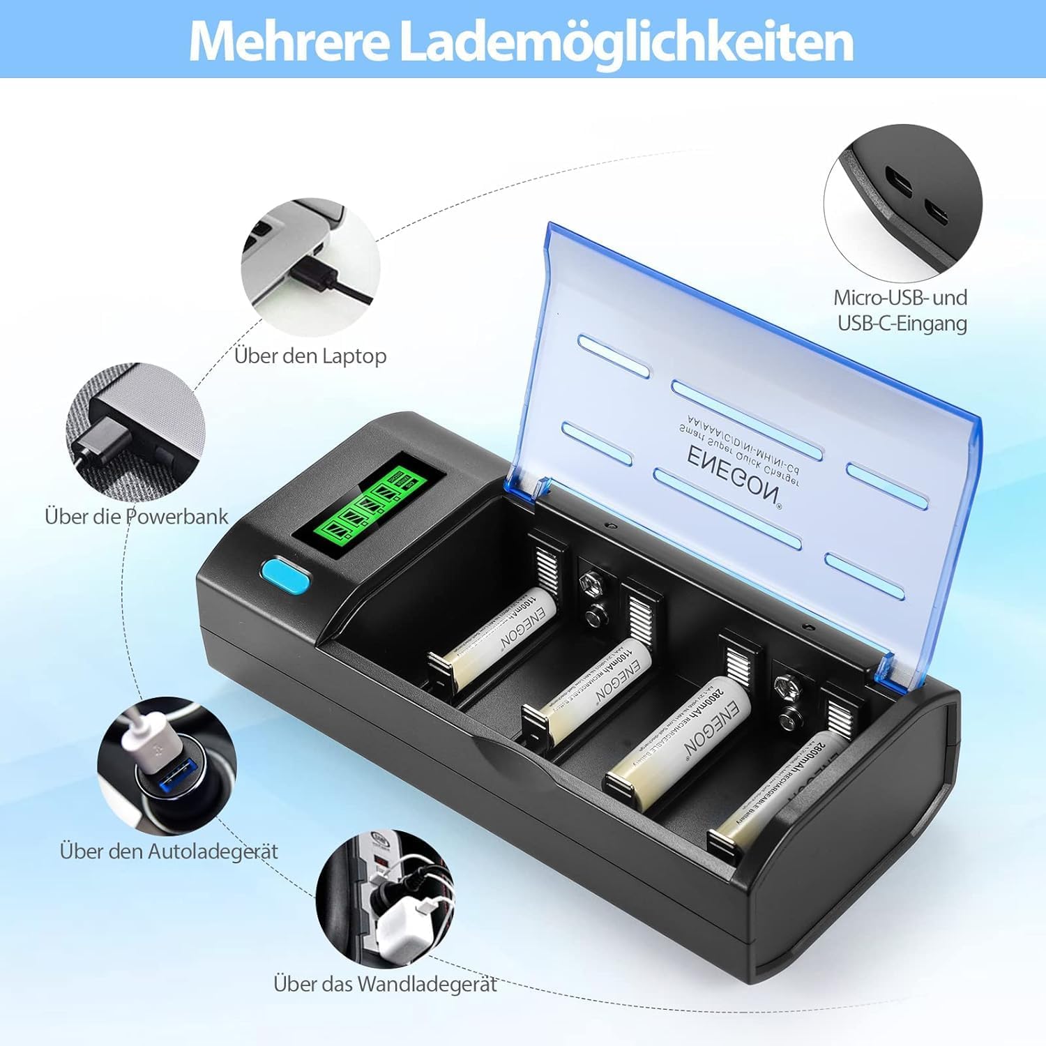 ENEGON C9015 charger connected to various power sources
