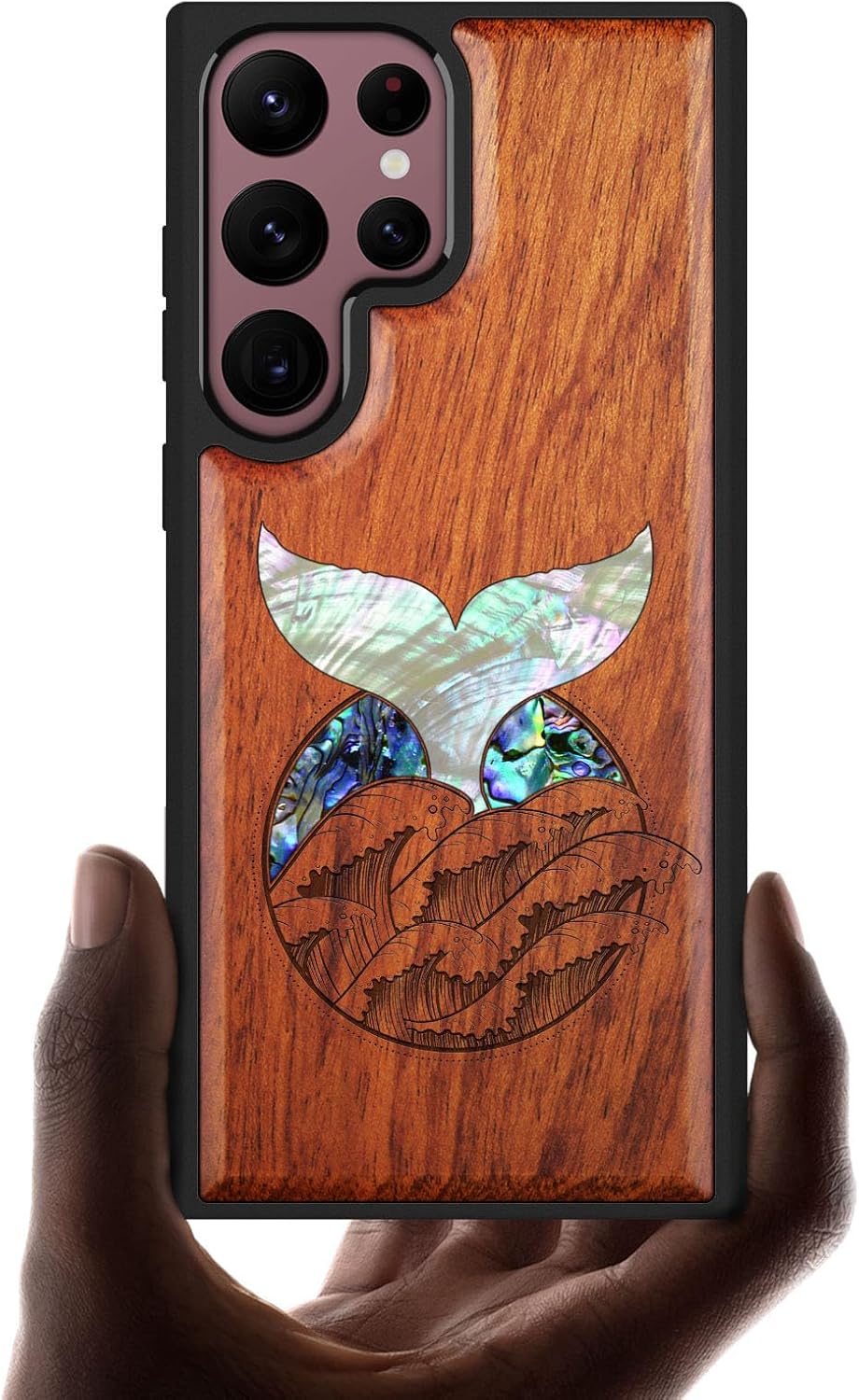Carveit Designer Wooden Cover for Samsung Galaxy S22 Ultra Case [Wood Engraving & Shell Inlay] Wood Phone Case Compatible with Wireless Chargers Galaxy S22 Ultra (Whale Tail-Rosy)