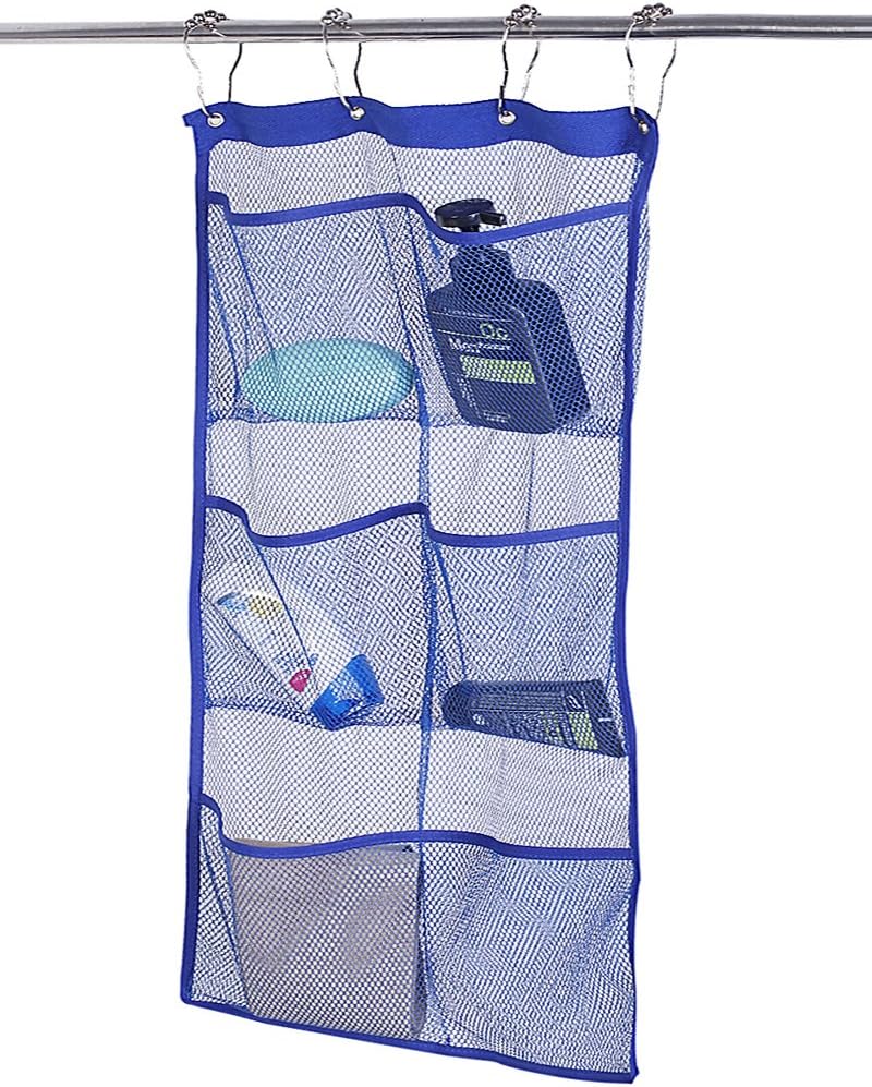 ALYER 6 Storage Pockets Hanging Mesh Shower Caddy,Space Saving Bathroom Accessories and Quick Dry Bath Organizer,Blue