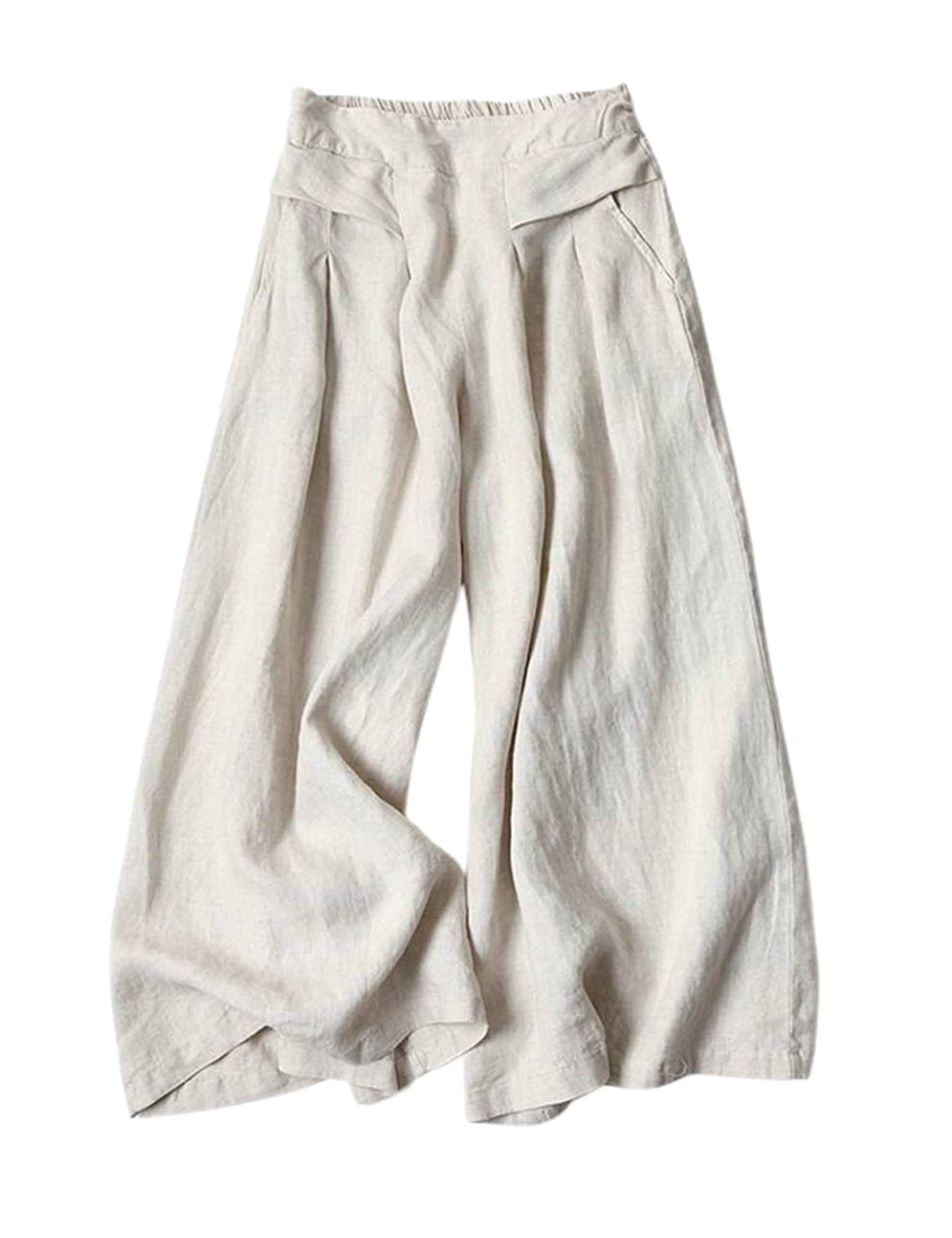 SCUSTY Linen Pants for Women Culottes Capris Wide Leg Palazzo Boho Pants Trousers