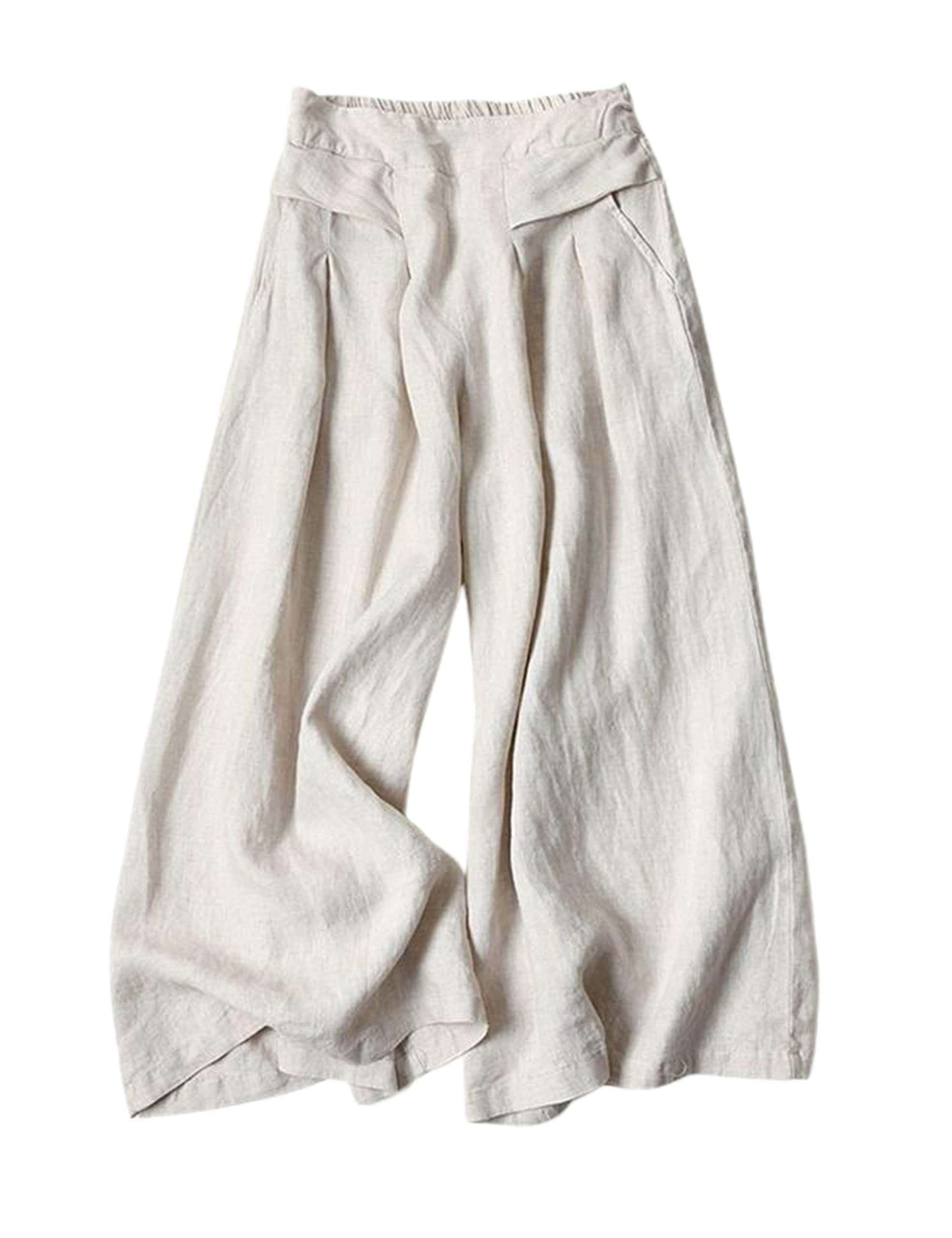 SCUSTY Linen Pants for Women Culottes Capris Wide Leg Palazzo Boho Pants Trousers