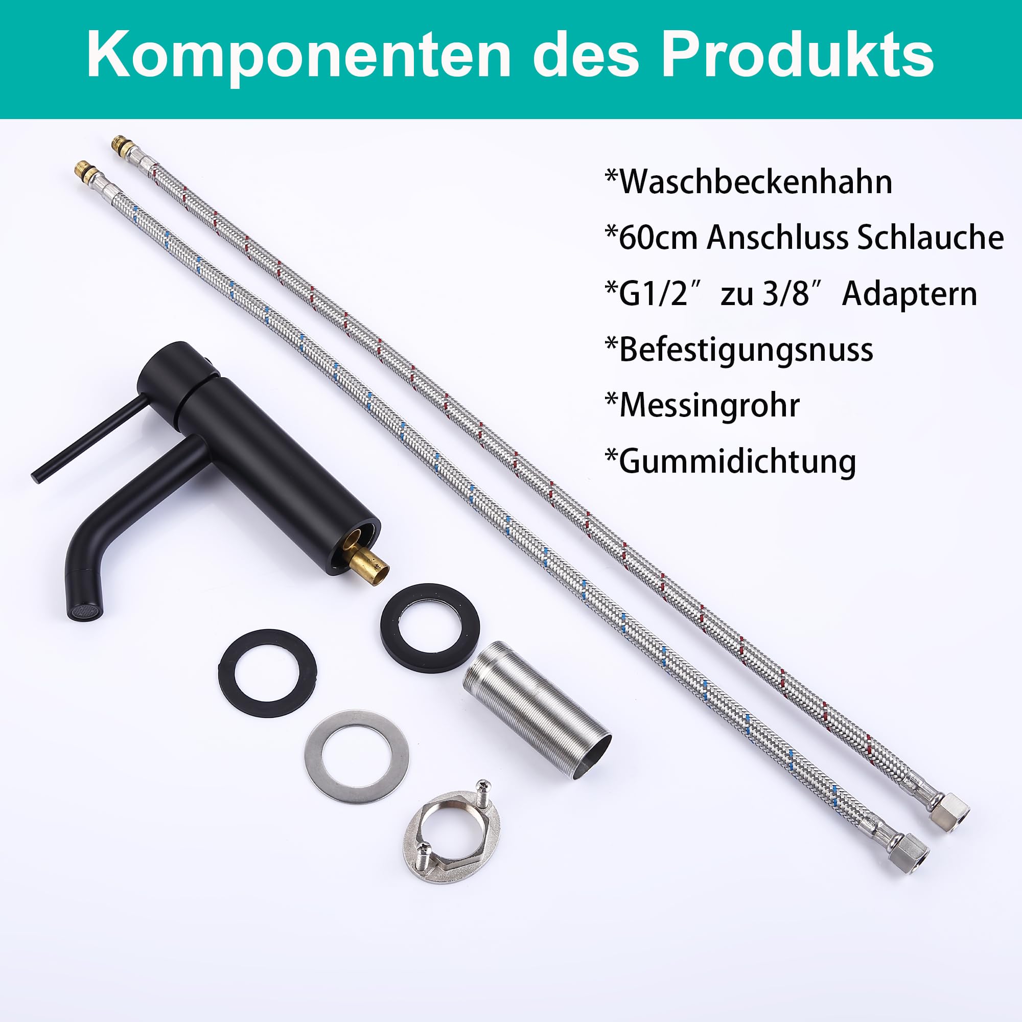 Wasserhahn Bad Schwarz Matt, Einhebel Waschtischarmatur | Auslaufhöhe 65mm Edelstahl Badarmatur mit AnschlussSchlauch, Abdrückfest Abblätterfest Einloch für Garderobe, Wohnwagen & W.C