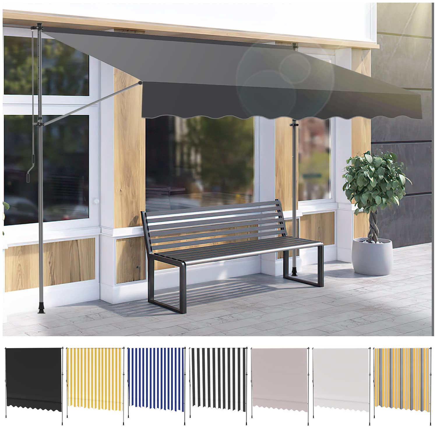 Ikodm Klemmmarkise mit Handkurbel 350cm Grau Balkonmarkise ohne Bohren, UV-beständig 50+ höhenverstellbar Sonnenschutz wasserabweisend, einfache Montage