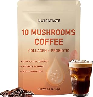 Mushroom Coffee with Collagen – Decaf Instant Coffee with 10 Mushroom Supplement, Adaptogenic Lion’s Mane, Chaga & Ashwagandha, Probiotics | Energy, Immunity & Skin Support | Keto, 30 Servings