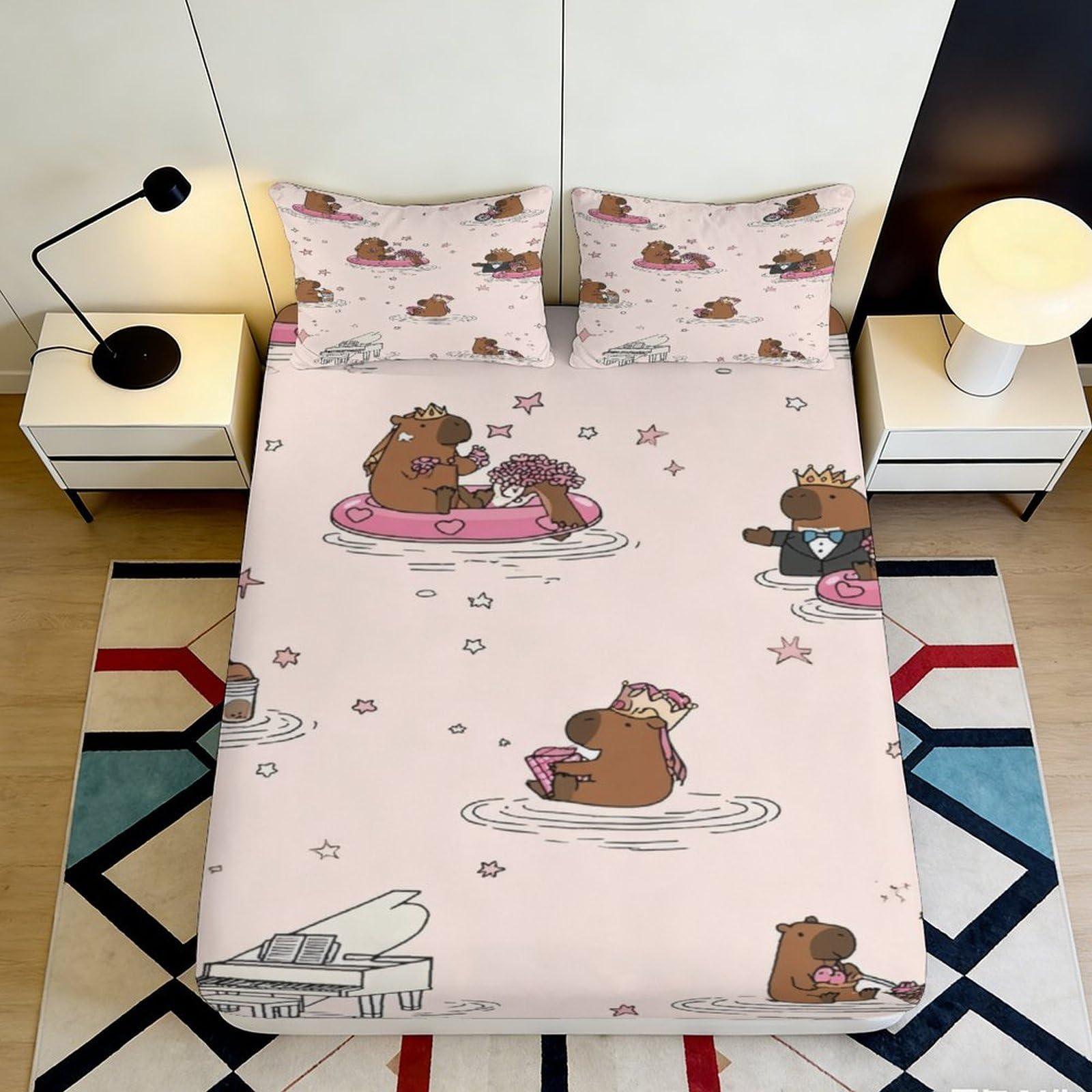 3D Printed Cartoon Capybara Fitted Sheet Microfiber Soft Pink Animal Pattern Bed Cover for Bedroom Dorm Mattress Protection Decor 160x200x25cm