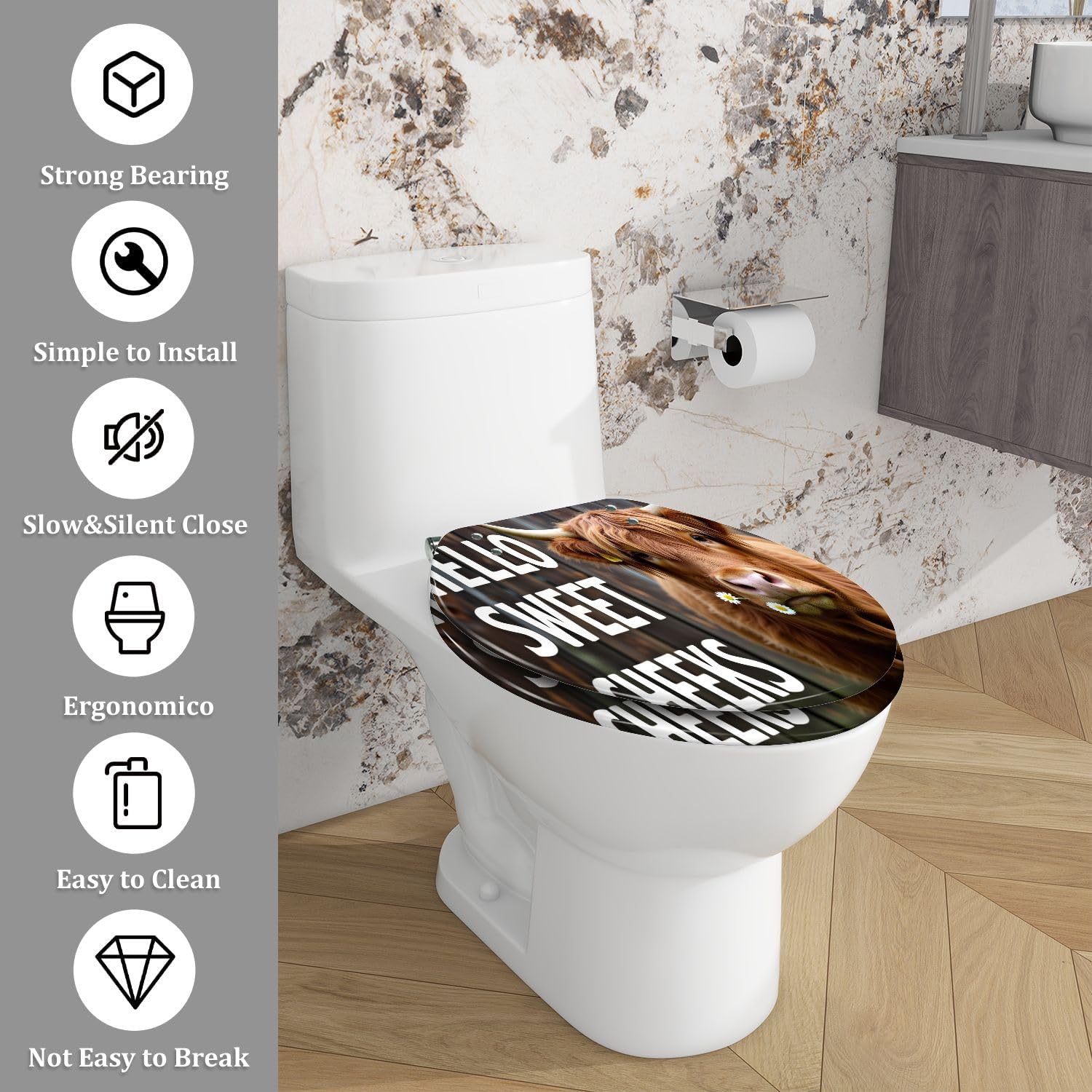 Elongated Toilet Seat Highland Cattle Cow Bull Farmhouse Animal Rustic Country Western West Art Resin Toilet Seat with Cover Easy to Install Quietly Close Quick Release Hinges Decorative