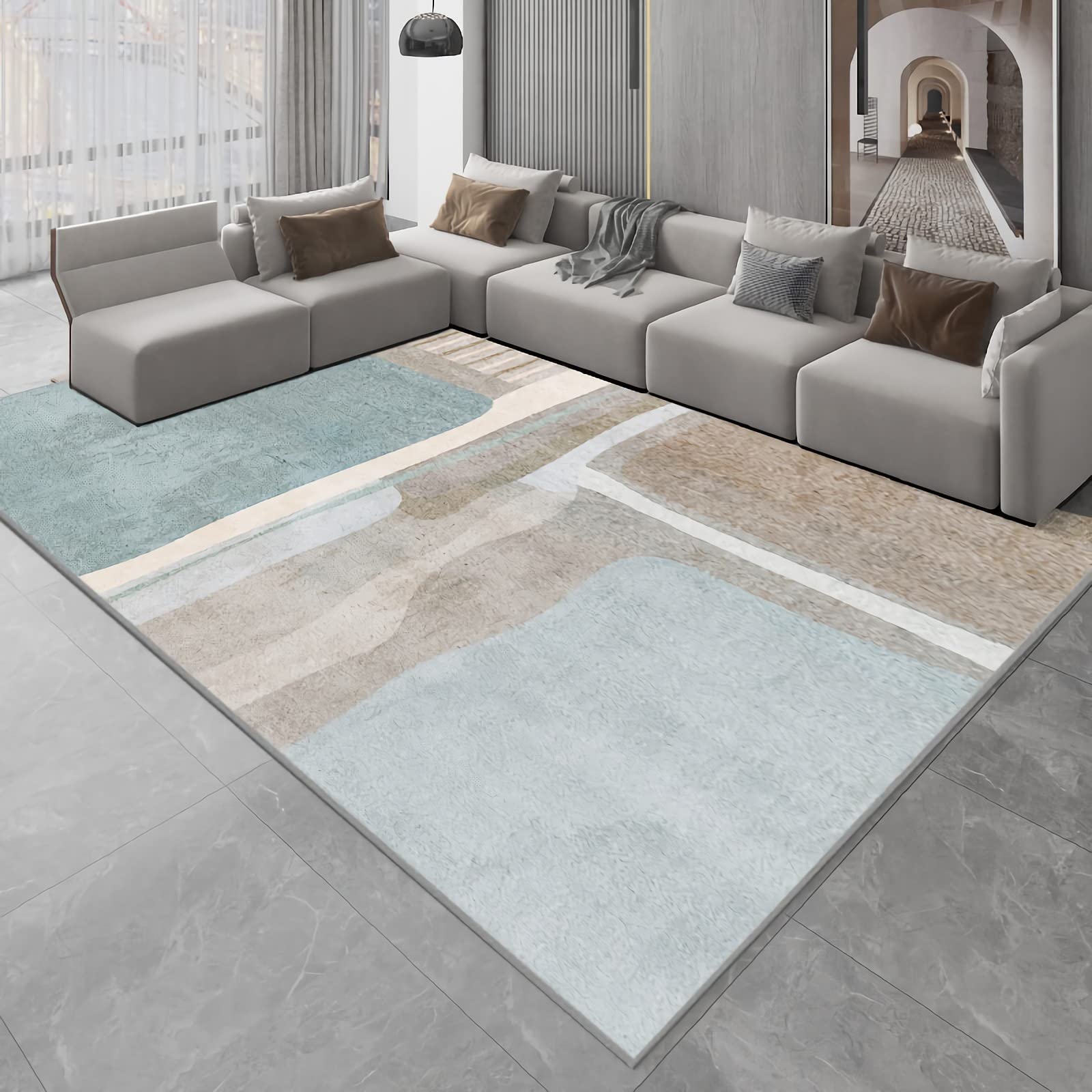 Tapis Tapis Cuisine Tapis de Salon Design Encre Moderne Bleu Beige Marron Tapis Chambre ado Fille Moquette Salon 60x90cm