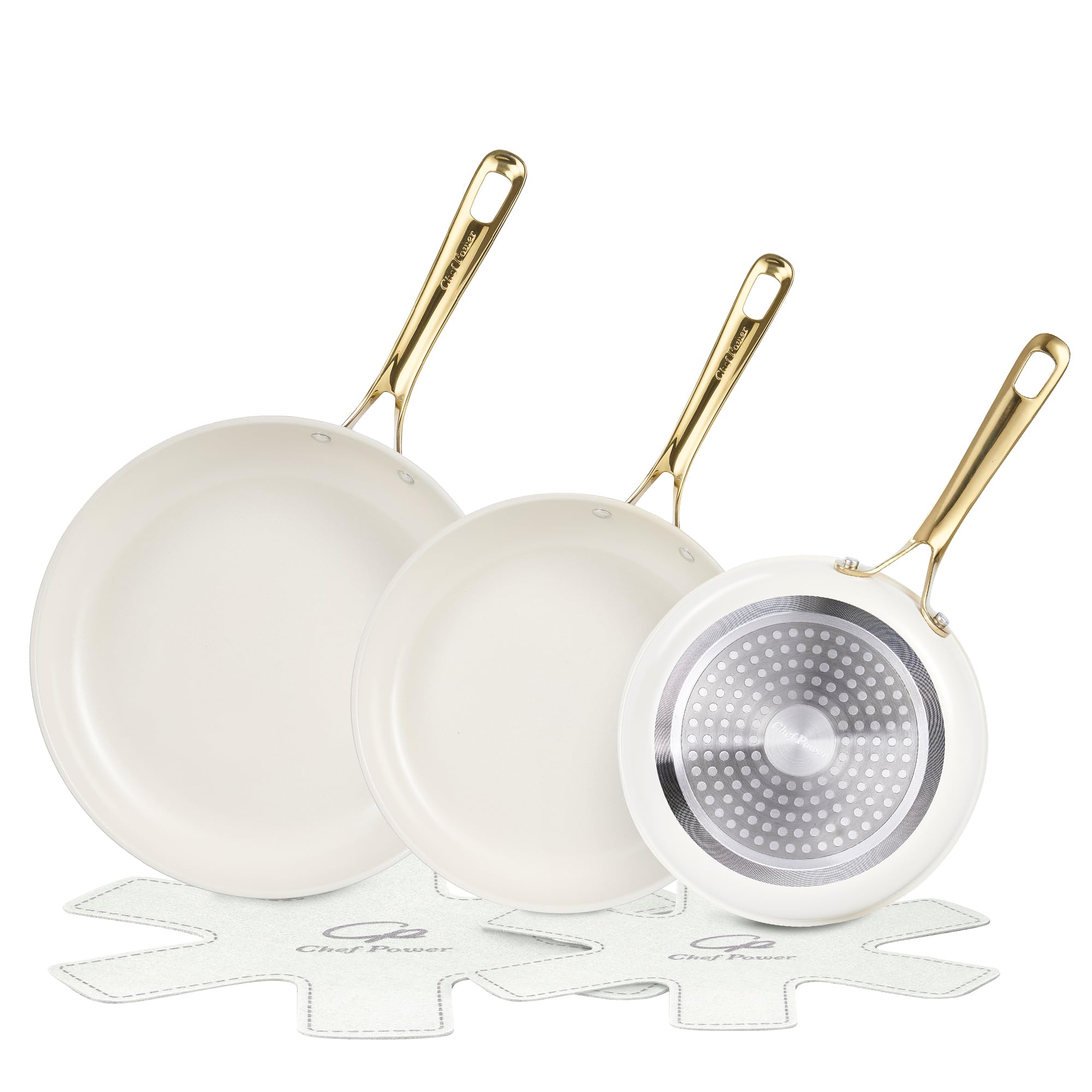 Ceramic Frying Pan with Stainless Steel handle 5Pcs Set, Non Stick Grill Pan Set, Dishwasher and Oven Safe, Cream White and Light Gold Handle