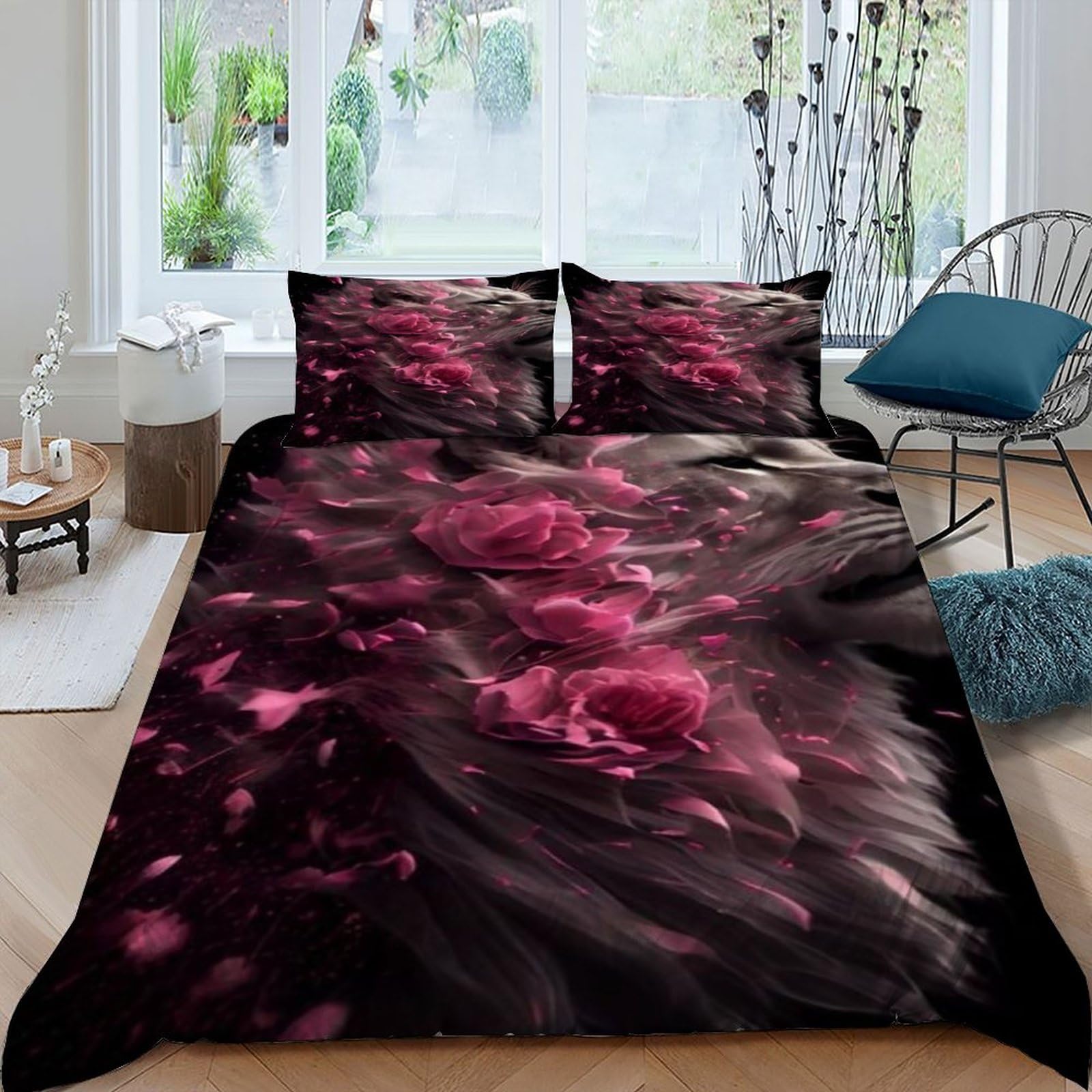 Housse de couette microfibre de qualité supérieure avec taies d'oreiller motif lion rose
