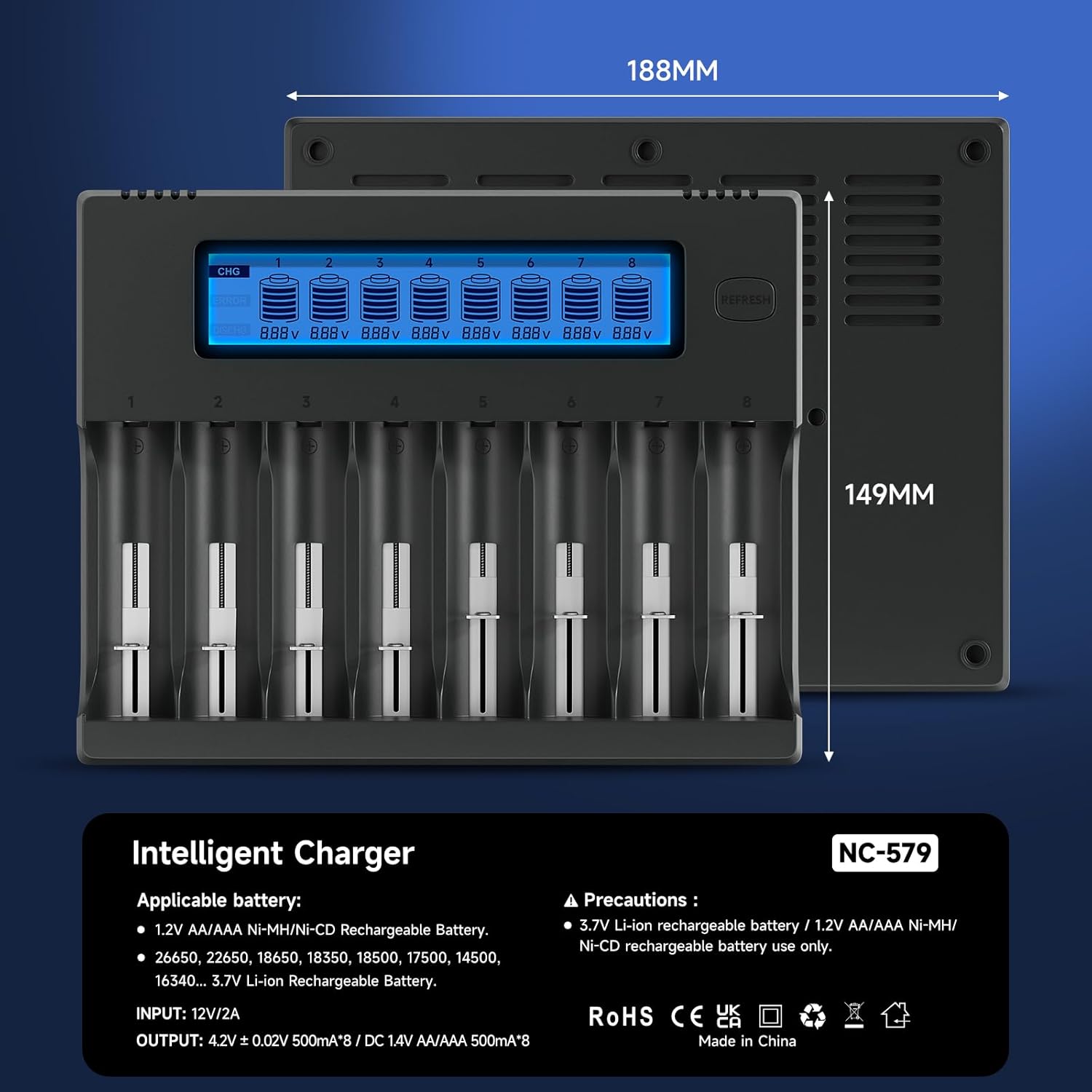 18650 Battery Charger, 8-Bay Smart LCD Display, Fast Charge Rechargeable Li-ion LiFePO4 Ni-MH Ni-Cd AA AAA RCR123 21700 26650 13650 16340 18350 18700