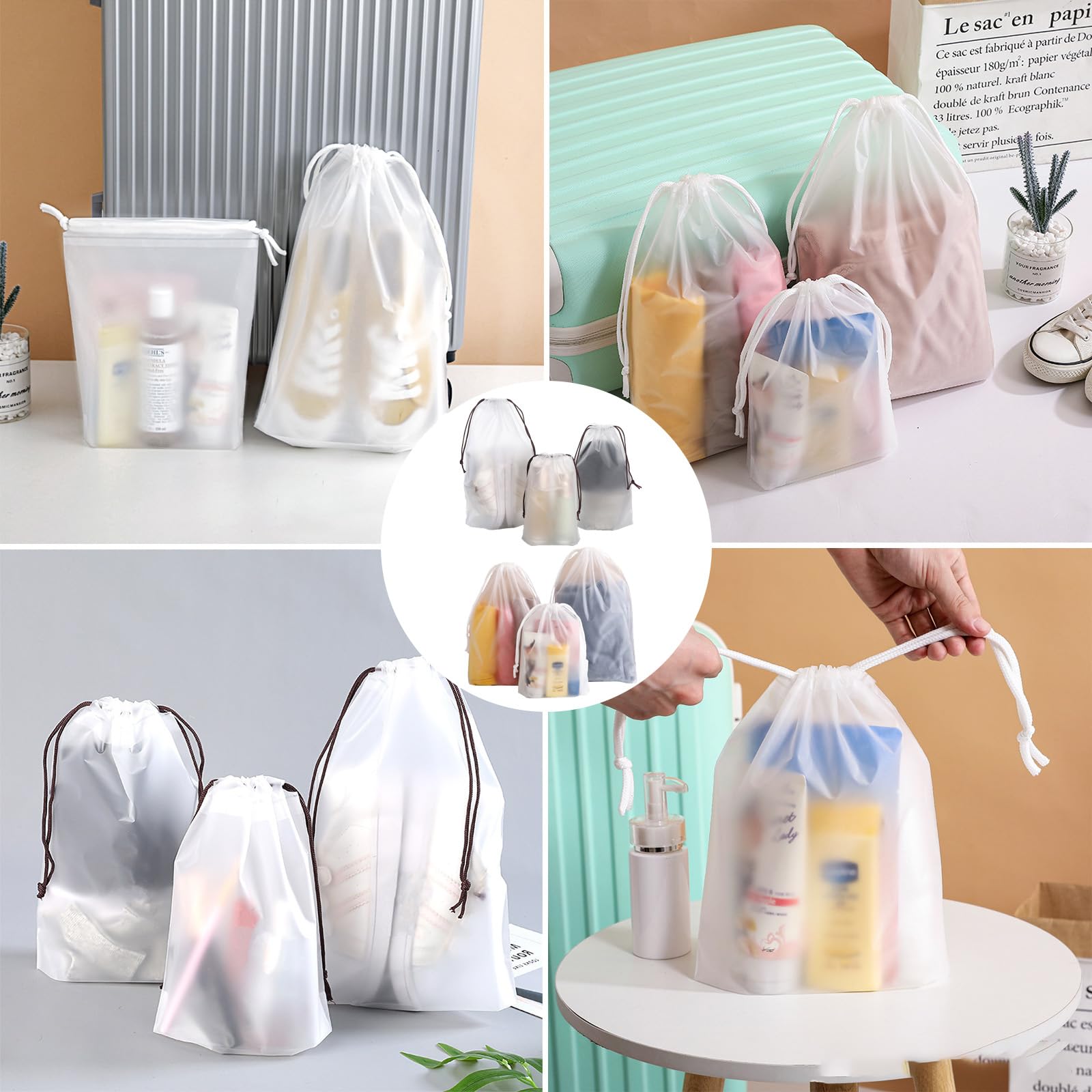 Boxonly Clear Plastic Drawstring Bags - Waterproof PEVA Pouch for Travel and Closet Storage in 10