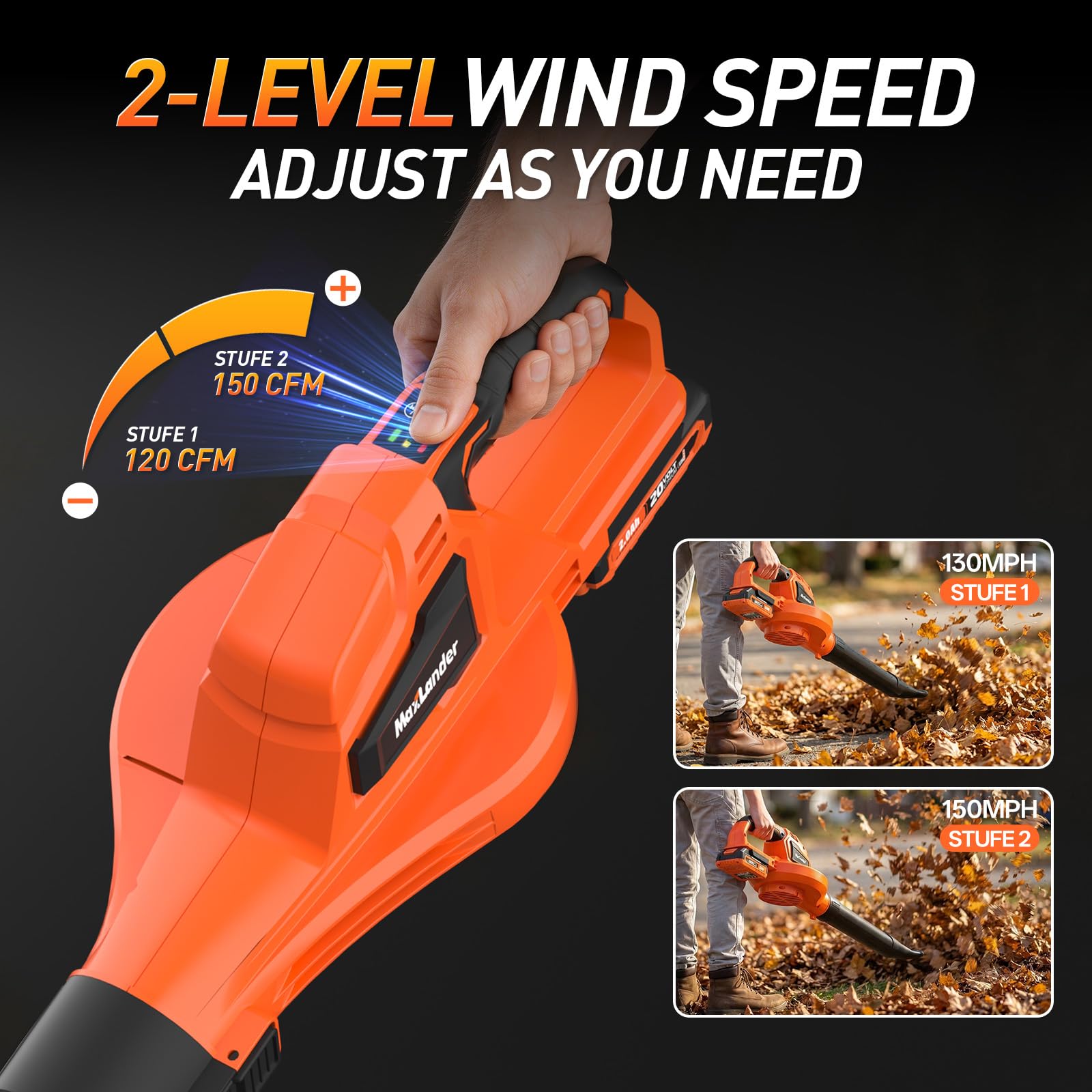 Maxlander Cordless Leaf Blower, leaf blower and vacuum with 2x2.0Ah Battery and Charger, Two-Speed Mode, garden Air Blowers for Lawn Care, Debris Dust Cleaning - 4
