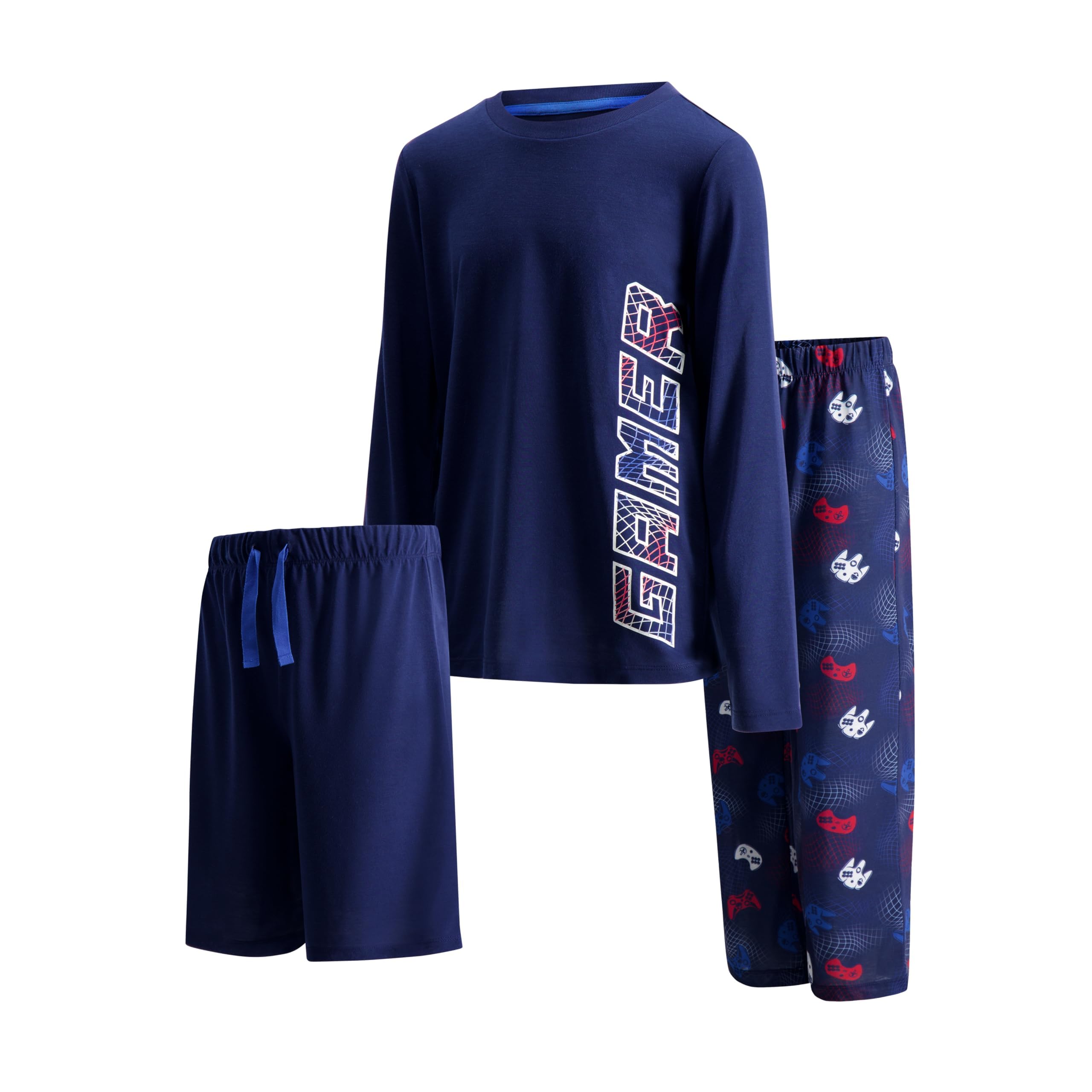 US Angels Boys Pajamas Set | 3-Piece Pant, Shirt, Shorts Sleepwear Pjs for Kids | Loose Fit, Soft, Breathable Blue Plaid