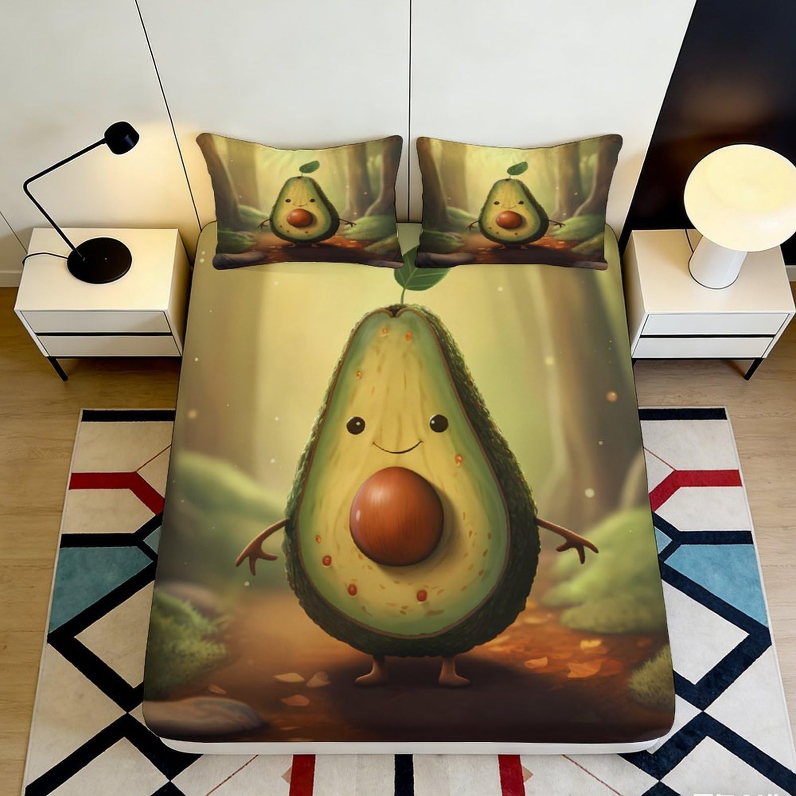 3D Printed Cute Avocado Fitted Sheet Microfiber Cartoon Fruit Mattress Cover for Bedroom Guest Room Dorm Decor 90x200x25cm