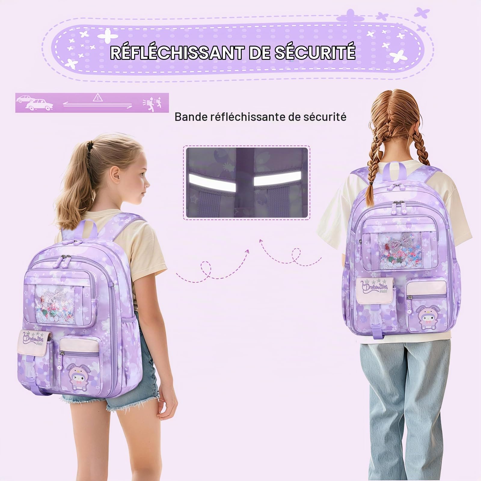 KEBEIXUAN Cartable Fille Primaire Kawaii, Sac à Dos Scolaire Léger et Résistant à l'Eau pour Filles 6-10 Ans (CP au CM2), Grande Capacité avec Accessoires, Idéal École et Loisirs (Violet)