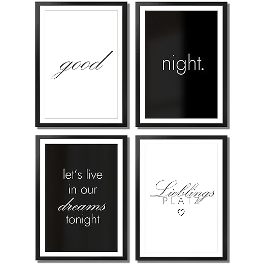 VON STEINEICH® Schlafzimmer Bild Set [4 Stück] – Traumhafte Deko Bilder in schwarz & weiß – perfekte Passform für DIN A4 Bilderrahmen