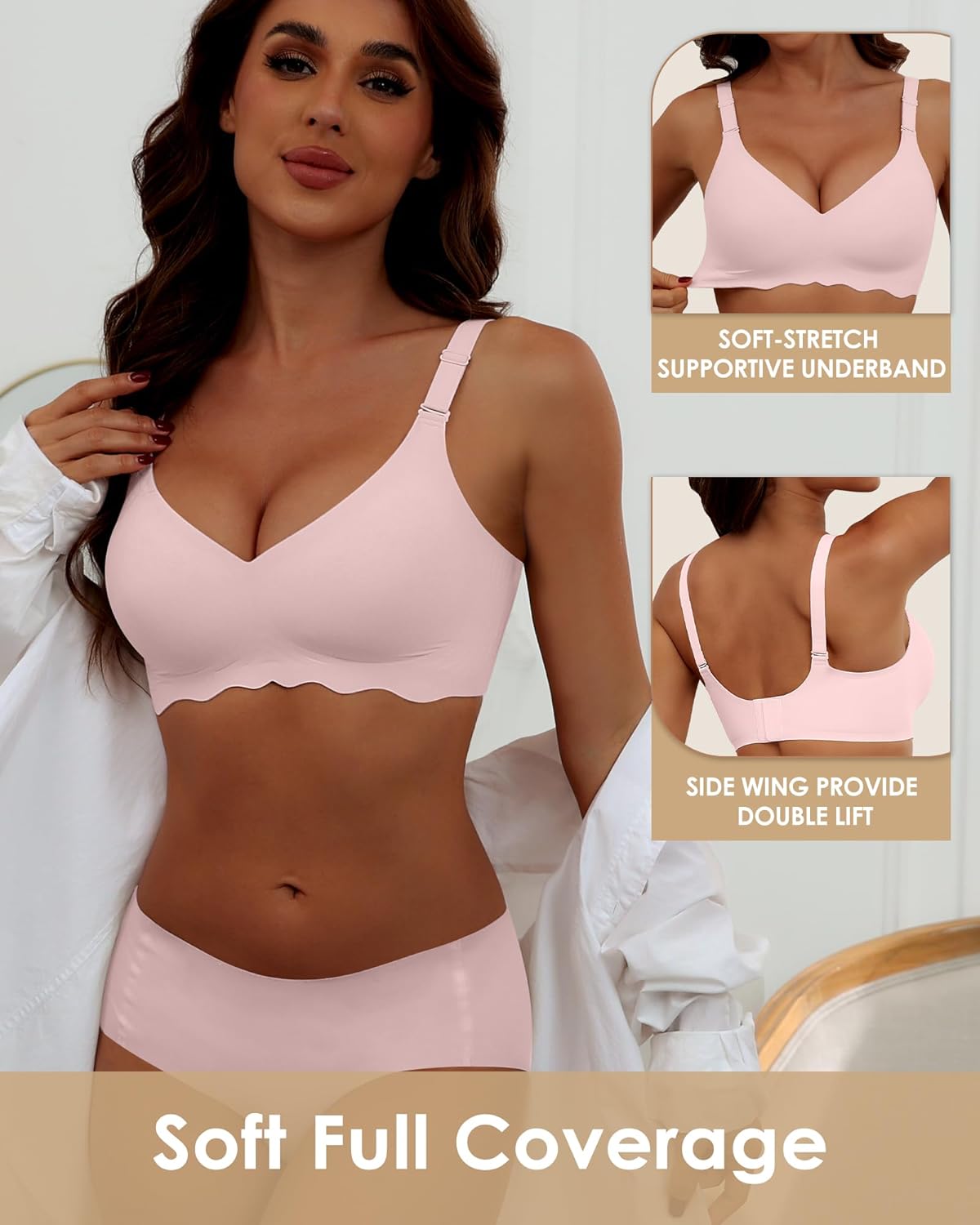 HORISUN Wireless T Shirt Bra Seamless Push Up Bralette Full Coverage V Neck Comfortable Bras for Women - Image 4