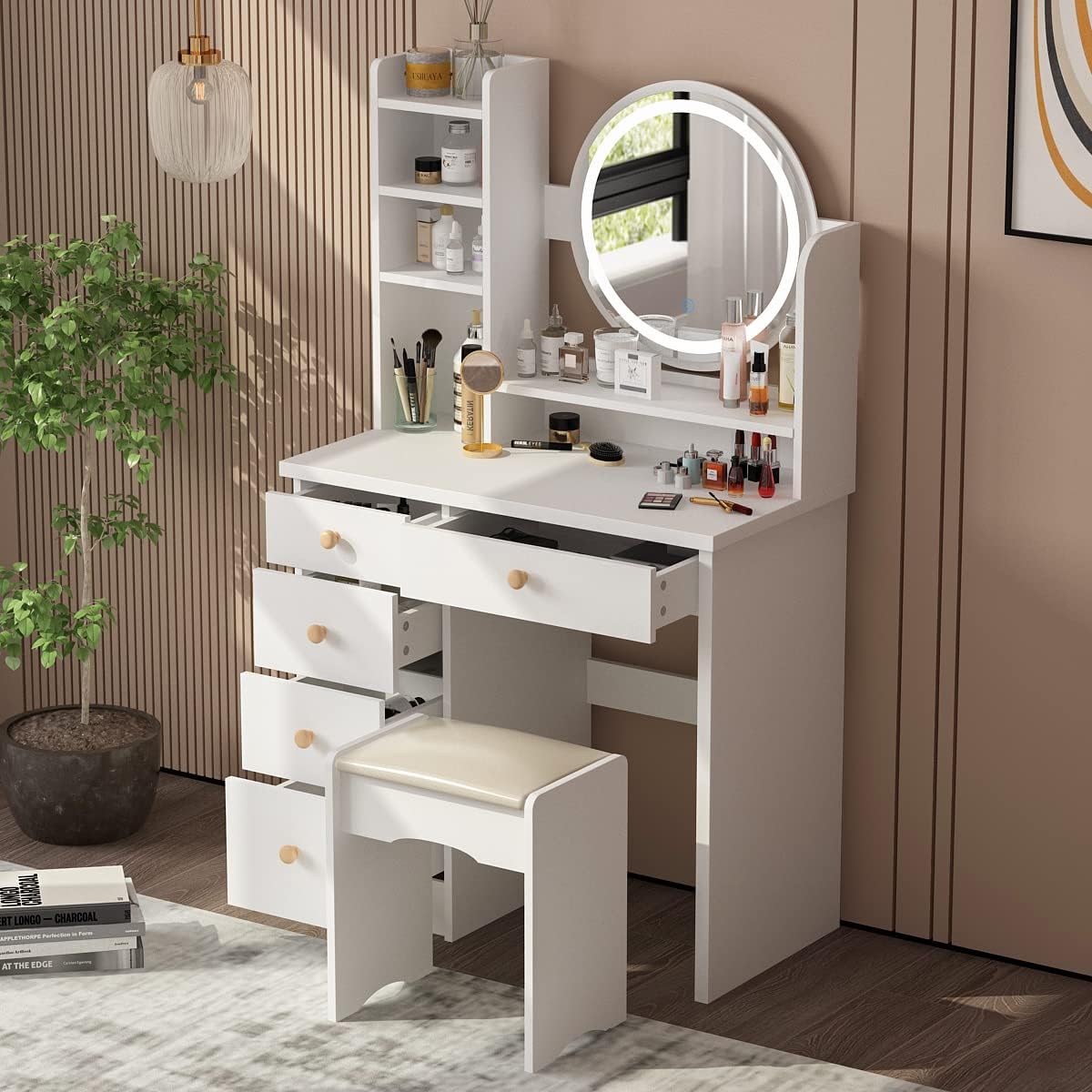 Makeup Vanity Set Dresser Desk with 5 Drawer and Shelf Round Mirror with Touch Screen and Light Vanity Set with Cushioned Stool for Bedroom, White