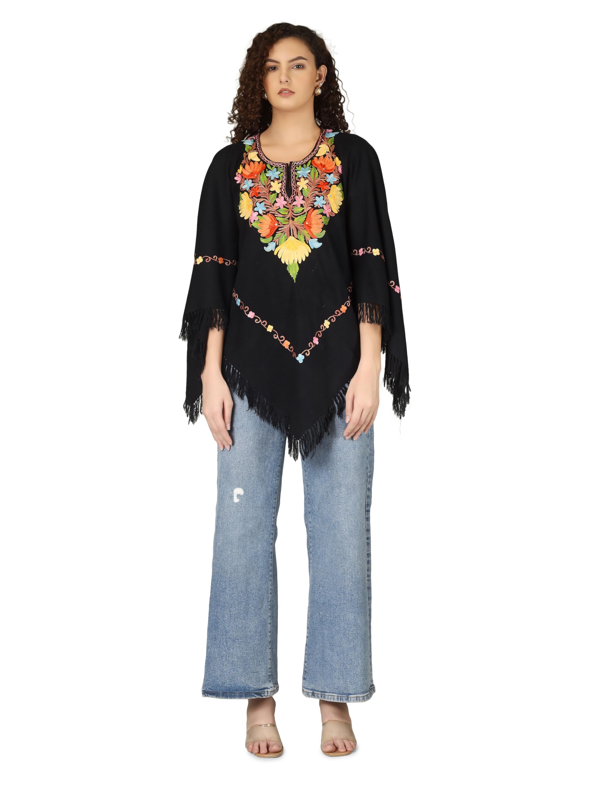 kashmir hunar Women's Floral Embroidered Poncho, necline embroidered is WHITE color with Fringe hemline.-picture-55
