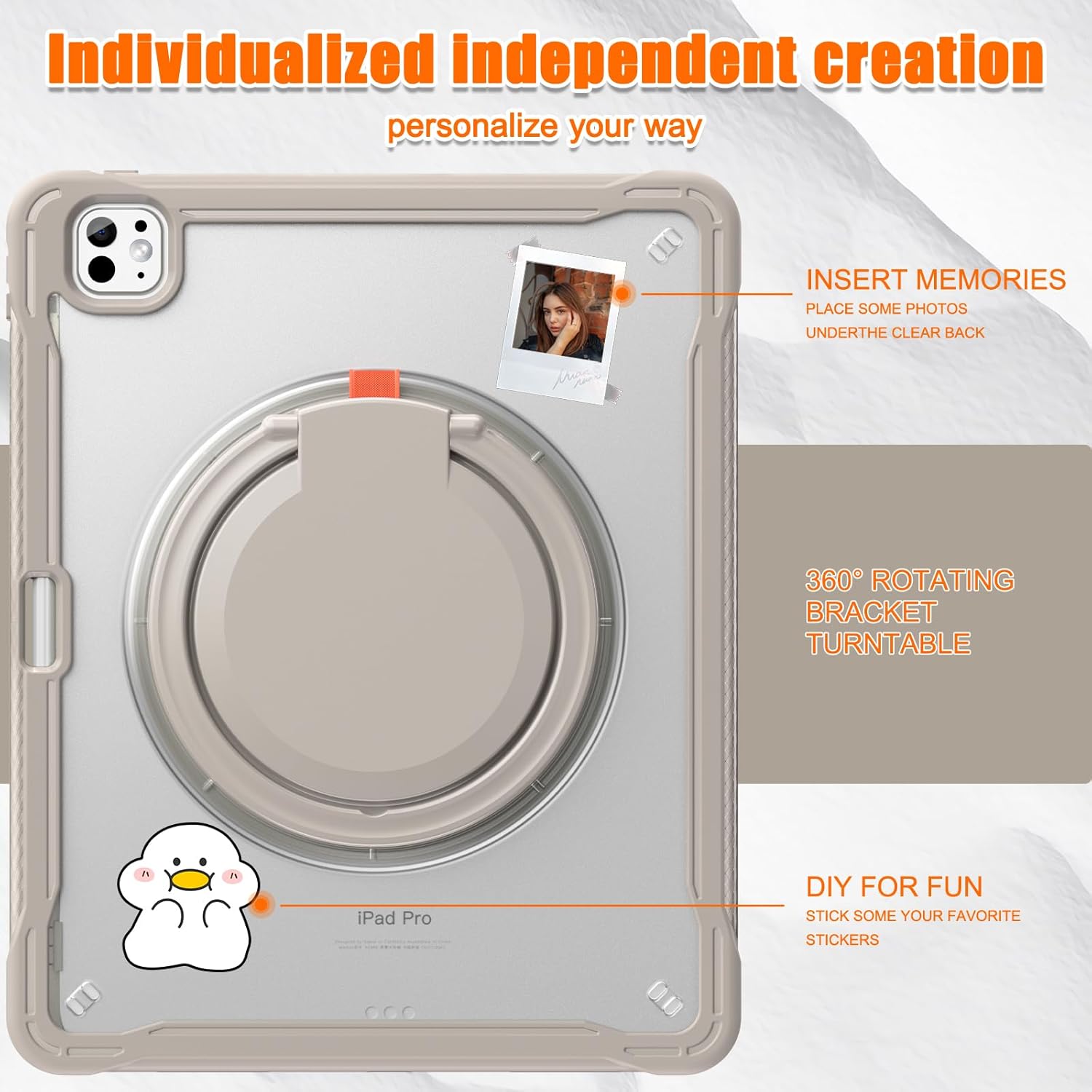 Batianda iPad Pro 13 inch Case 2024 M4 Chip Lightweight Dual-Layer Protective Tablet Cover, Durable Shock-Absorbing Corners with 360° Rotating Retractable Kickstand Ring Built-in Pen Slot, Khaki