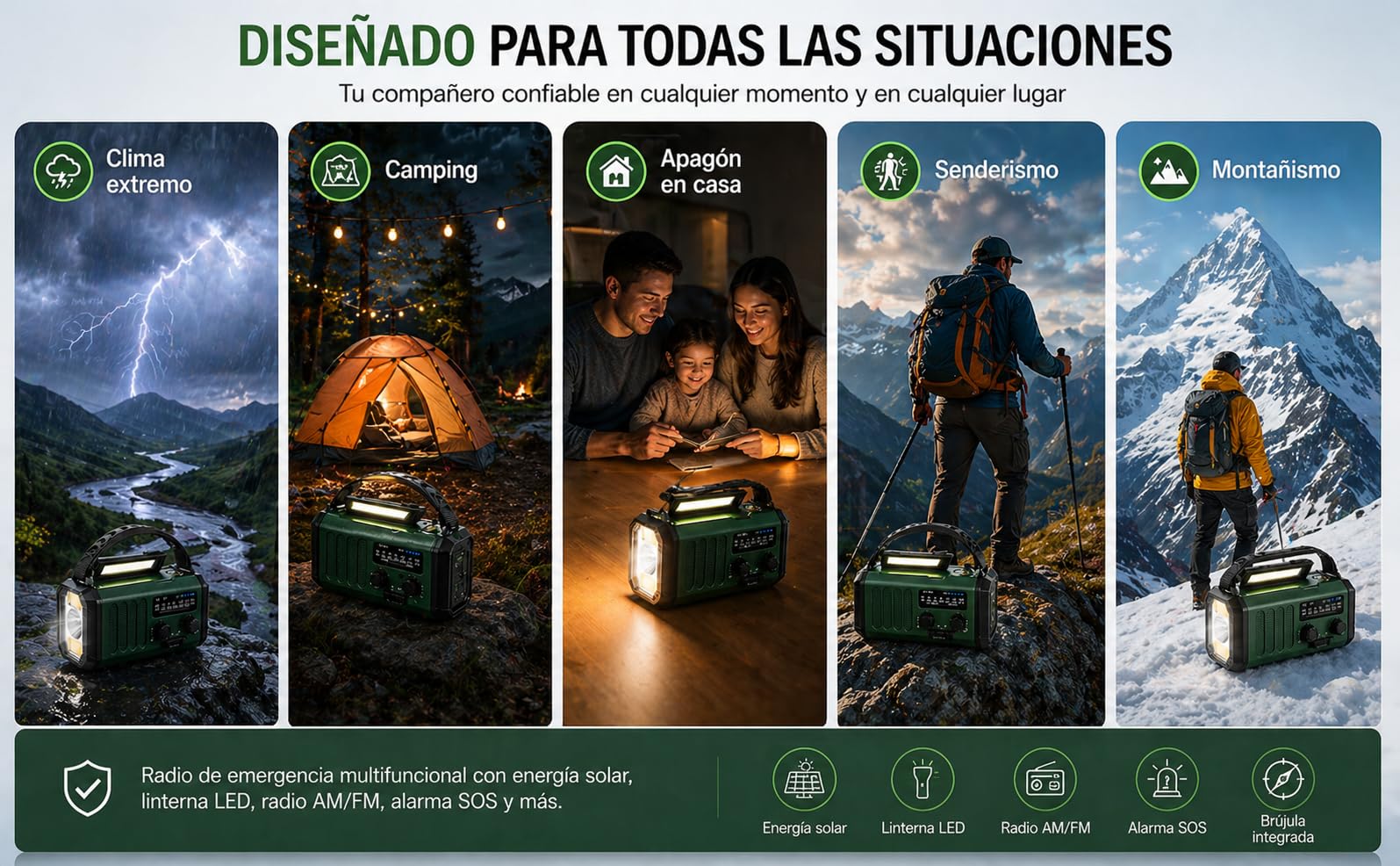 Winnes Radio de Emergencia portátil de 20000 mAh, Alarma SOS, Radio FM/Am, con luz de Lectura, brújula, Soporte para Coche Manual y energía Solar, para Camping al Aire Libre, Cortes de energía