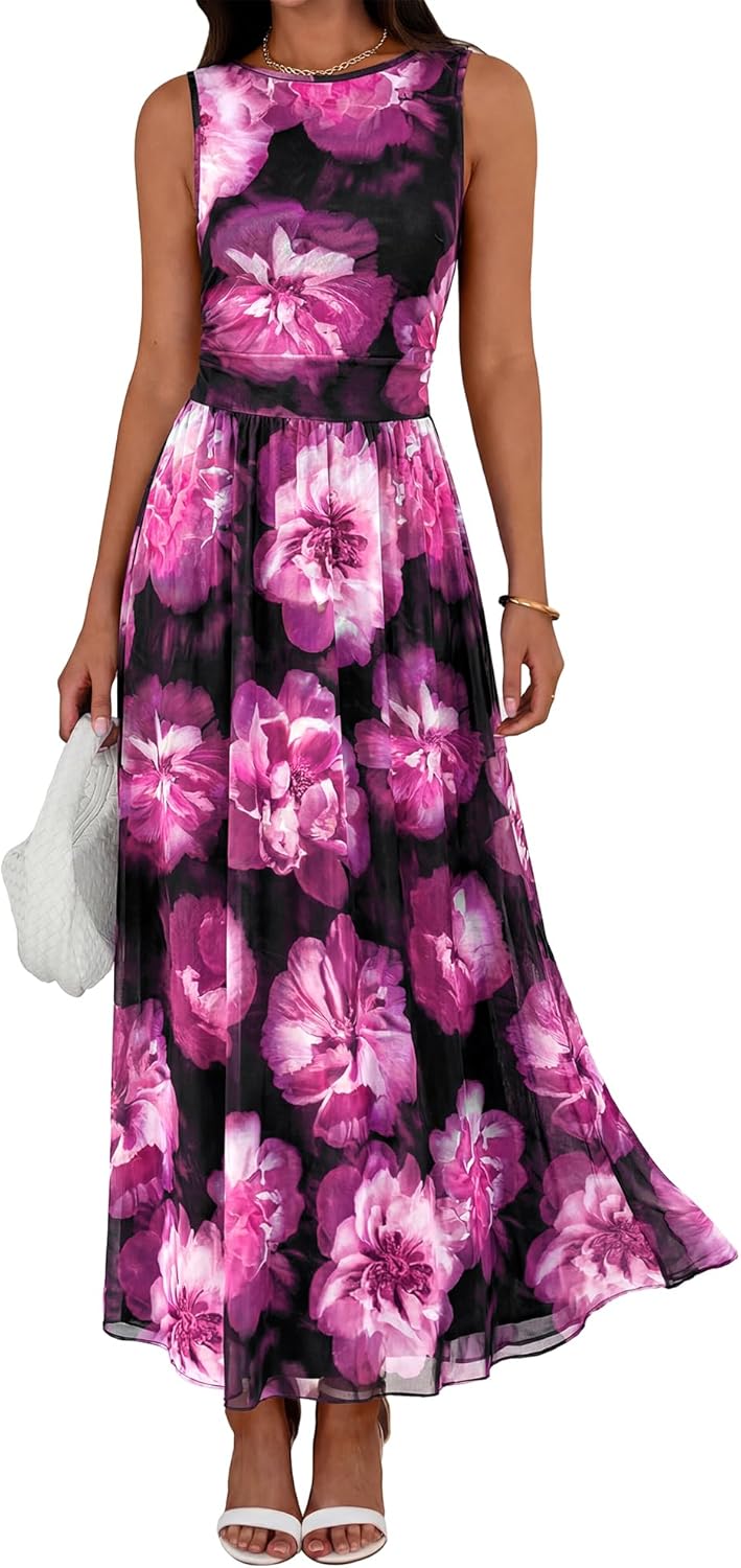 BTFBM Summer Dresses for Women 2026 Floral Maxi Dress Sleeveless Mesh Flowy Long Sundress Beach Vacation Clothes Pockets