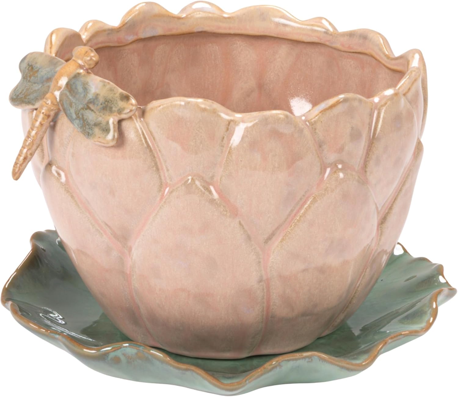 Creative Co-Op Stoneware Flower Shaped Planter with 3D Dragonfly and Leaf Saucer in Reactive Glaze, Multicolor