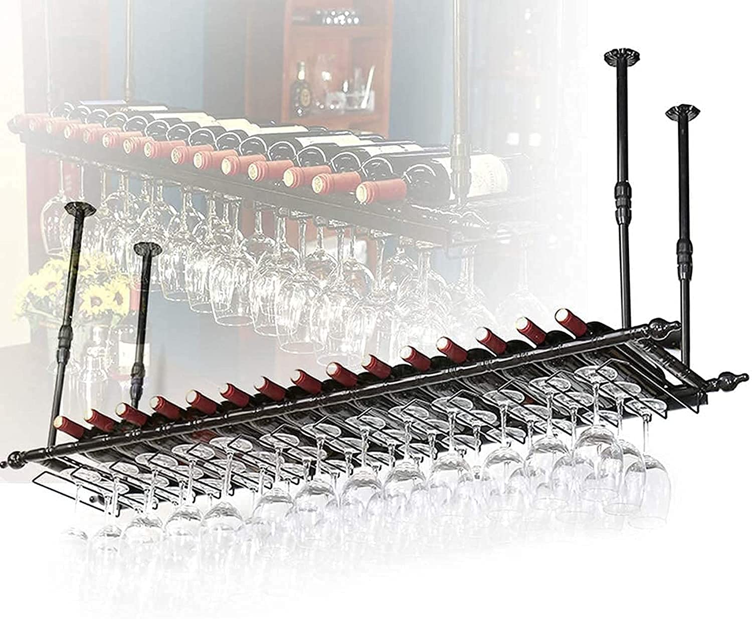 Estante para vinos de techo para copas y botellas en bar y hogar